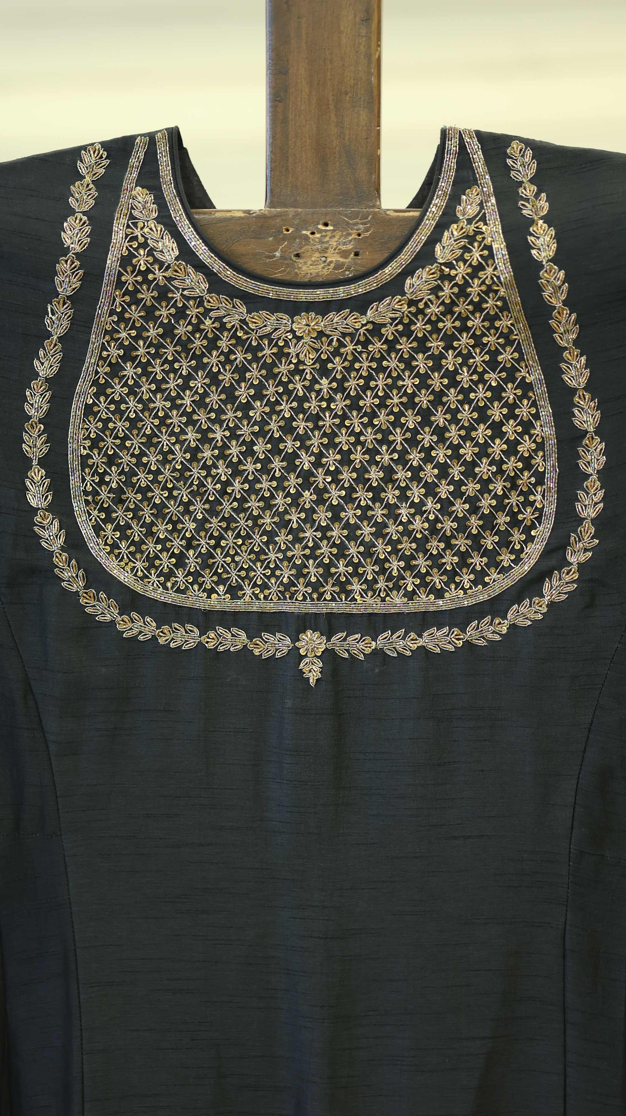Black Kurti Set with Golden Embroidery and Floral Motif