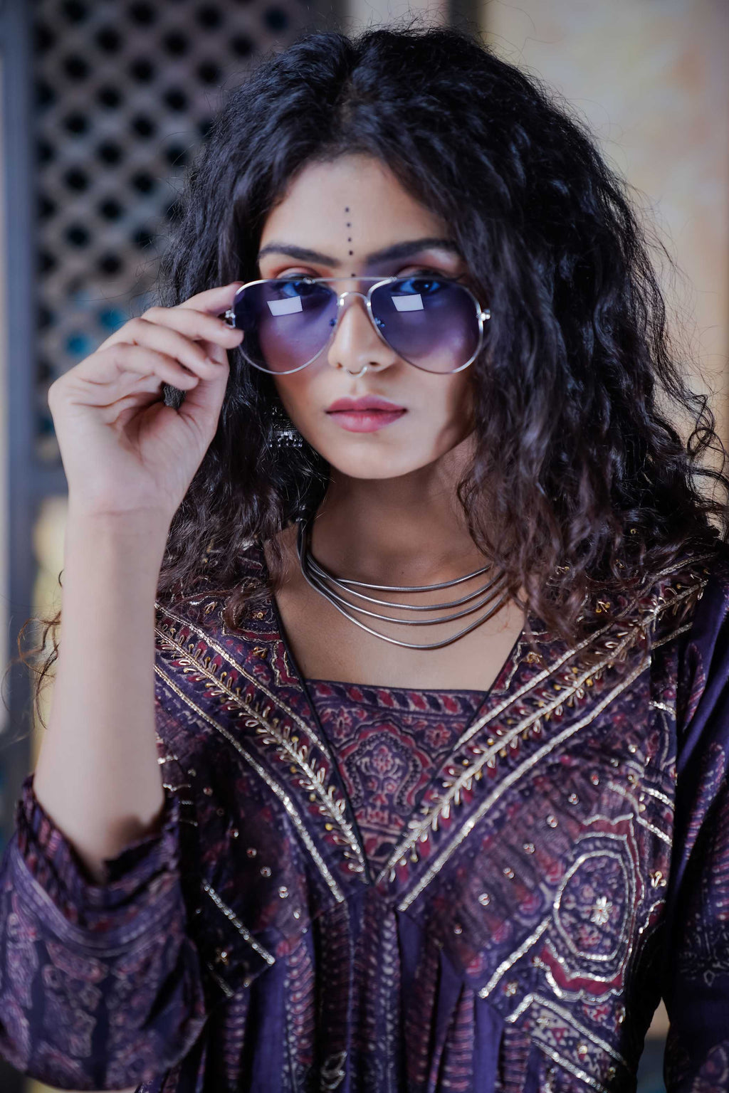 Indigo Ajrak Kurti Set with Intricate Motifs and Gold Detailing