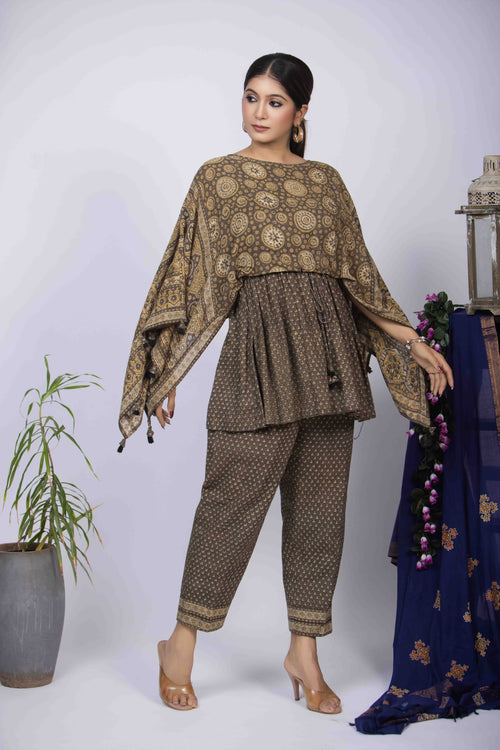Dusty Yellow Ajrakh Co-Ord Set with Geometric Motifs and Peplum Top