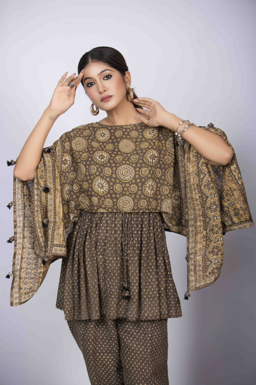 Dusty Yellow Ajrakh Co-Ord Set with Geometric Motifs and Peplum Top