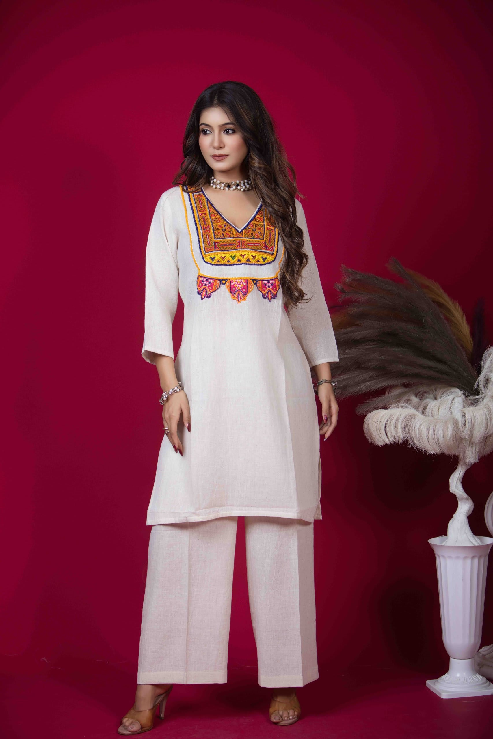 White Kurta Set with Vivid Kutchi Patchwork & Beadwork