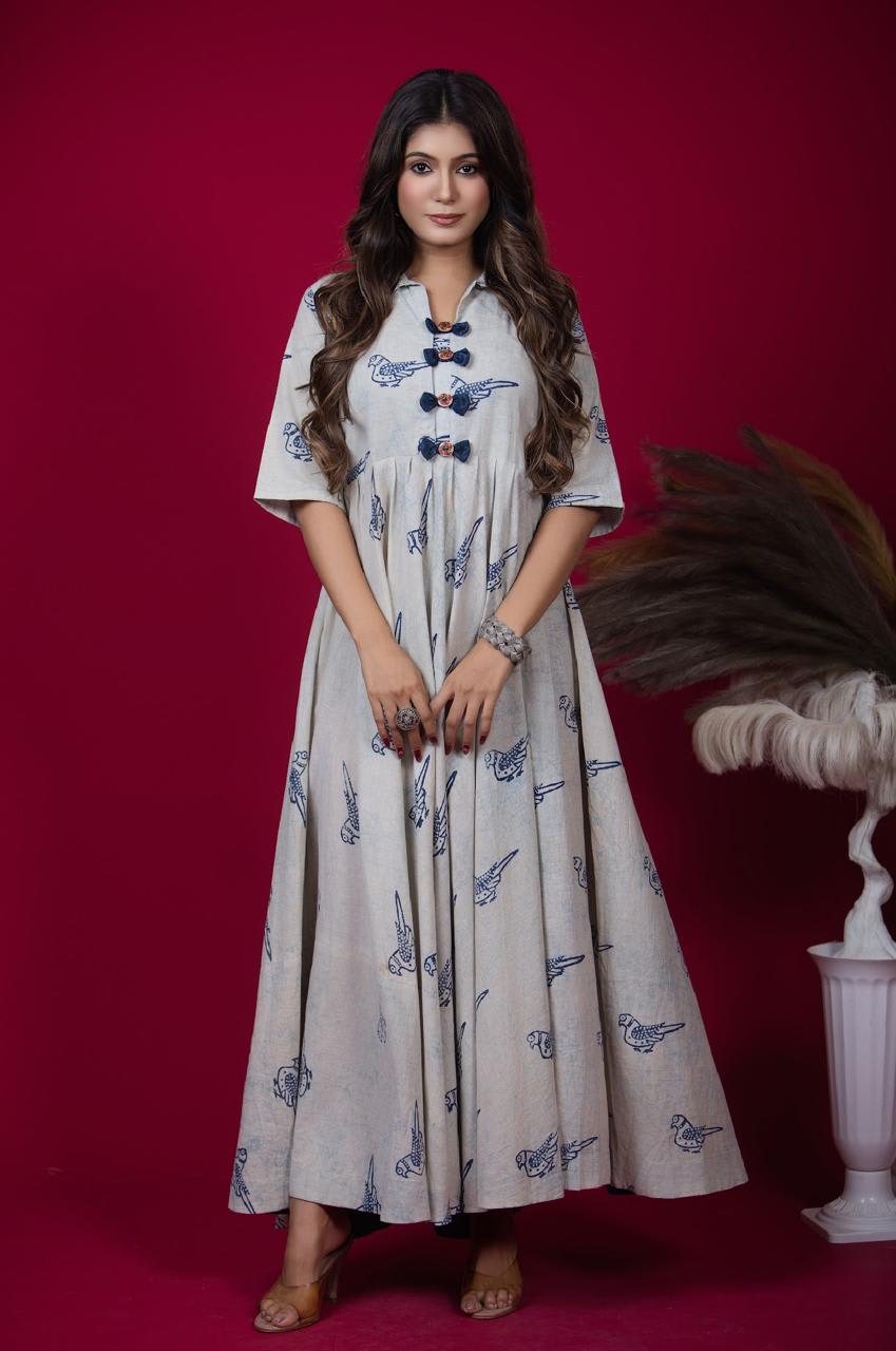 Grey Block Print Dress with Bird Motif and Cotton Fabric