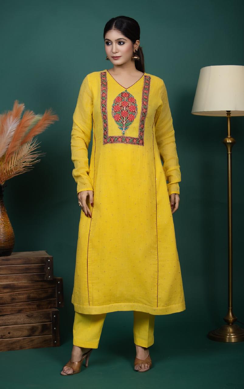 Yellow Kurta Set with Hand Embroidery and Golden Butti