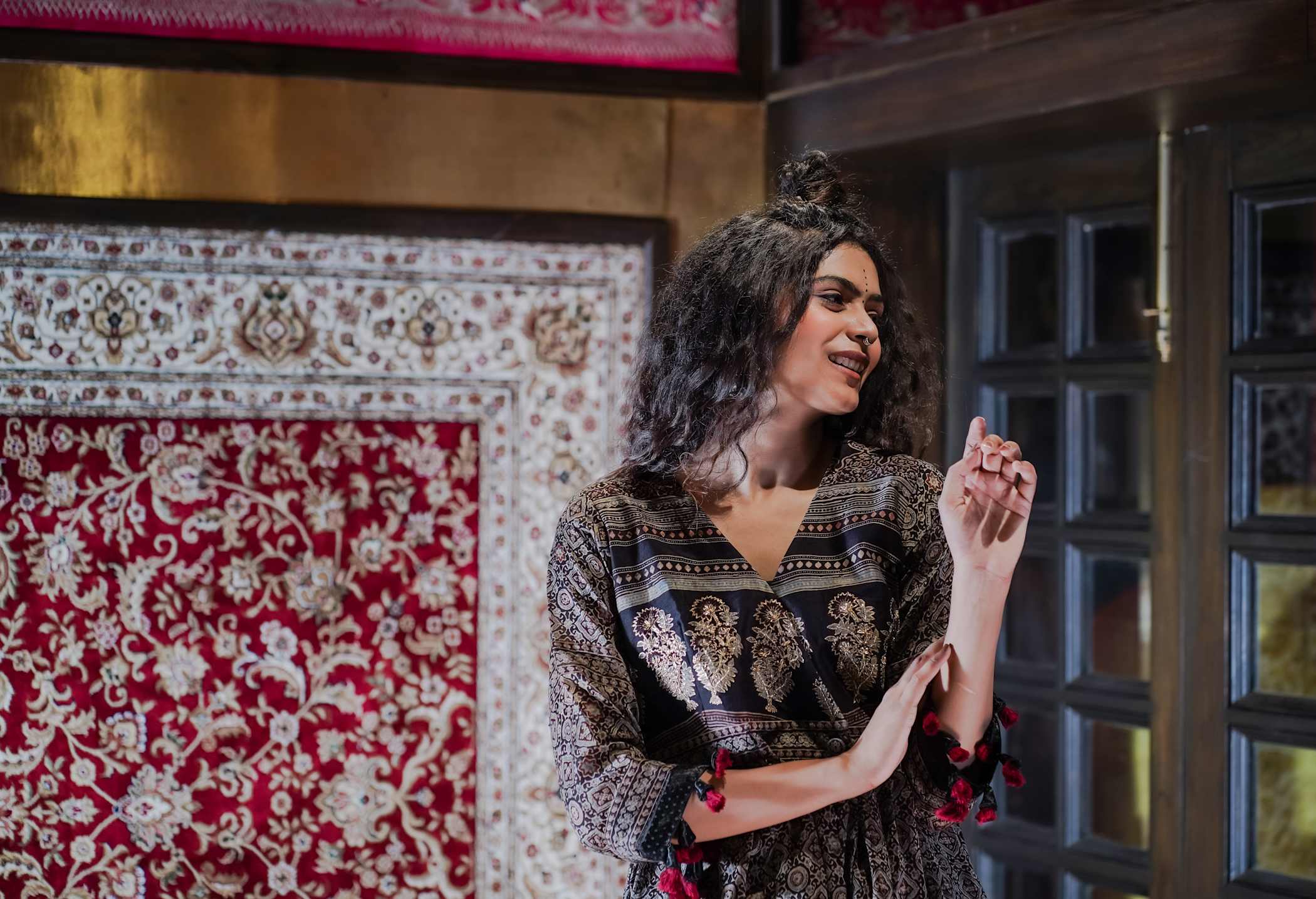 Ajrak Kurti Set with Paisley Print and Gold Detailing