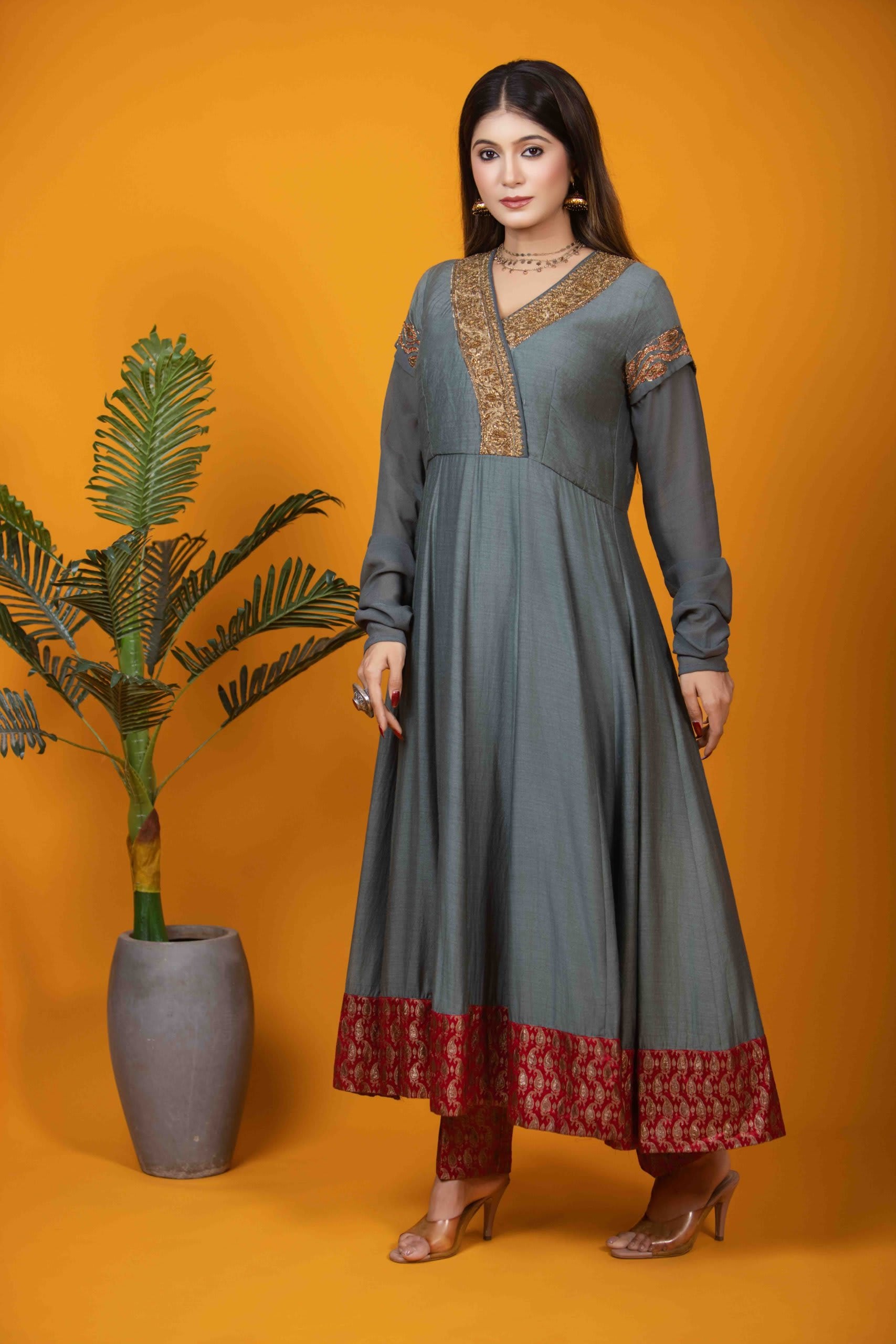 Grey Silk Anarkali Dress with Khat Work & Red Banarasi Border