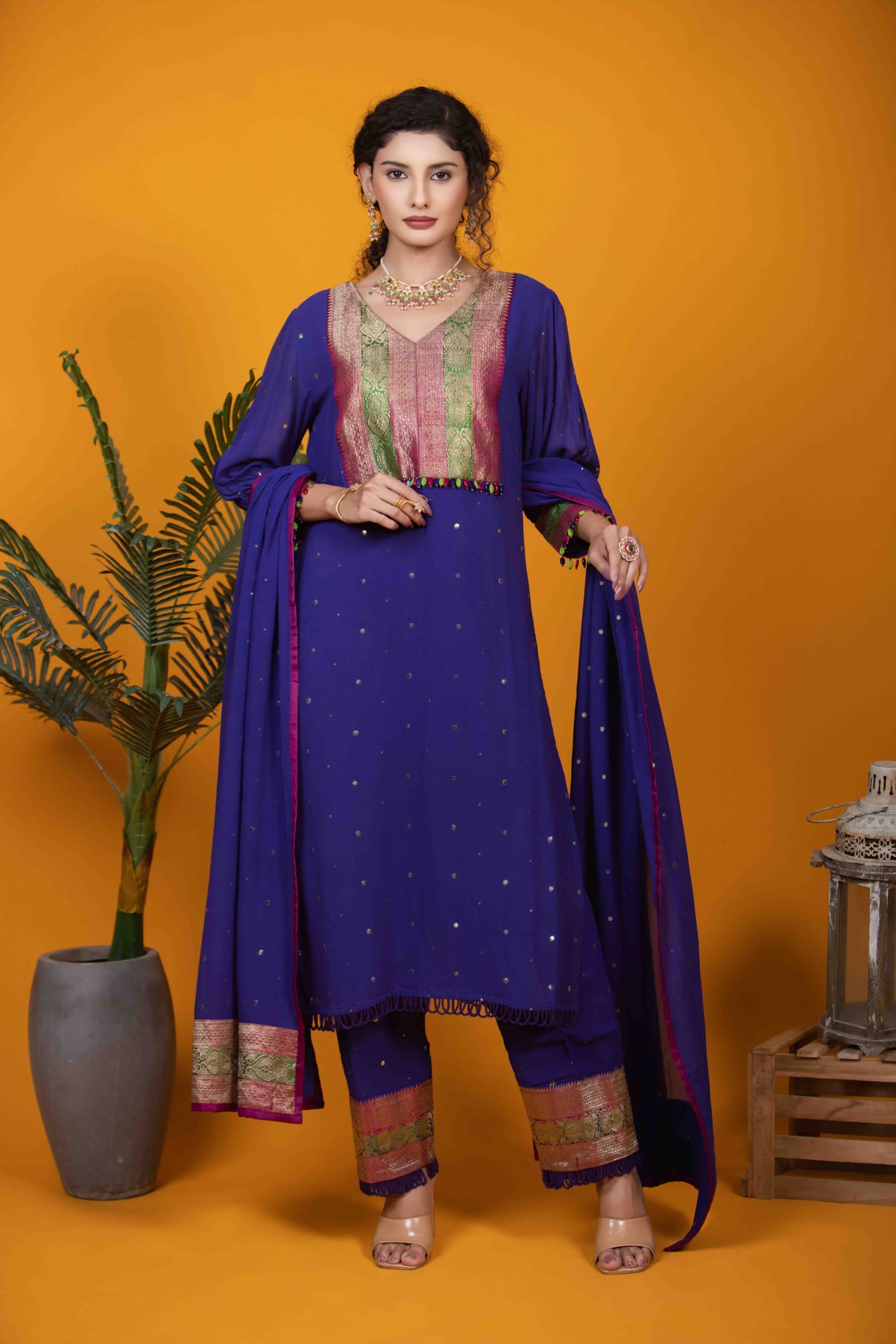 Deep Purple Kurta Set with Mukaish Work & Banarasi Yoke