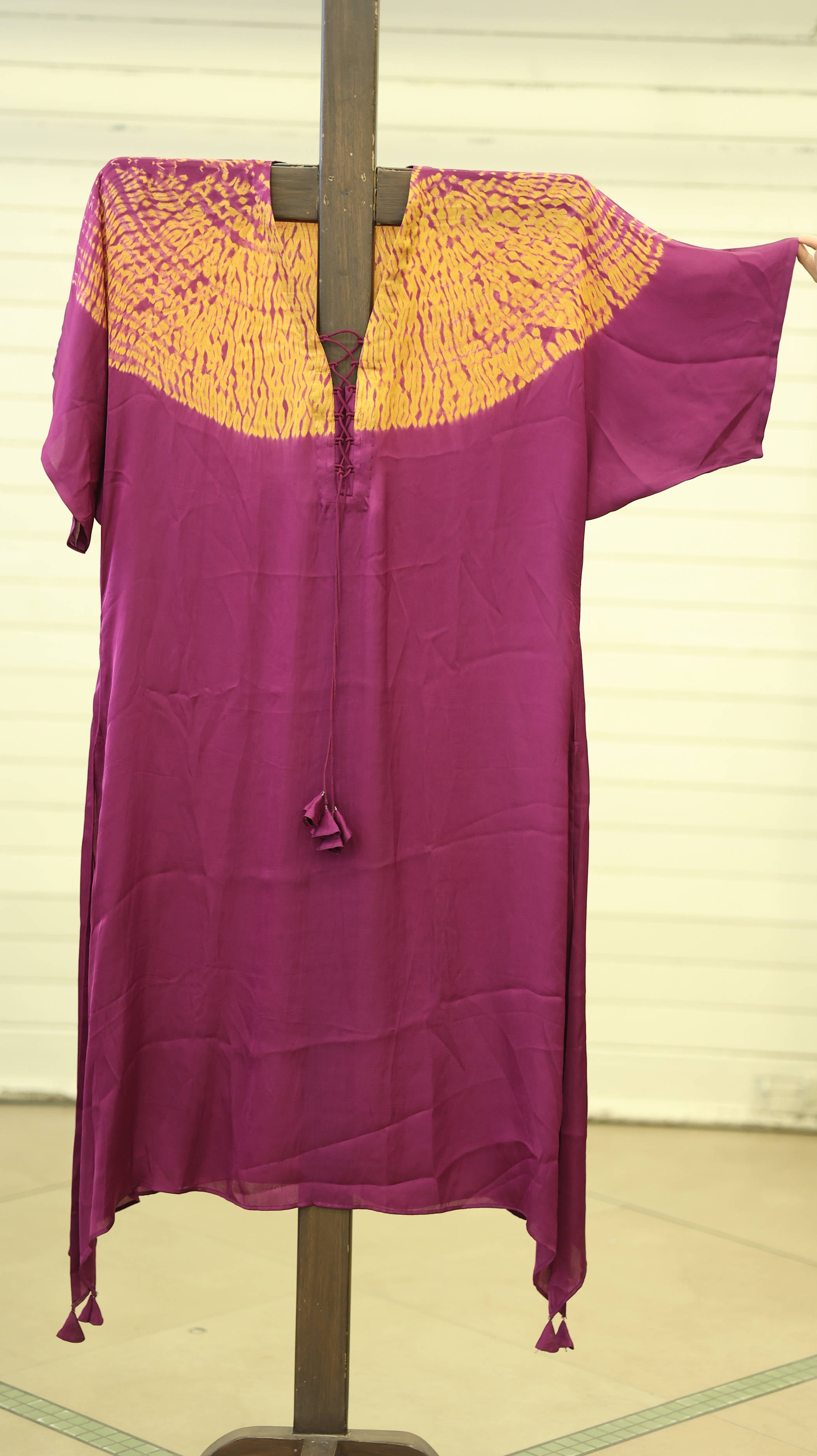 Plum Kurti Set with Hand-Tied Bandhani Pattern and Tassels