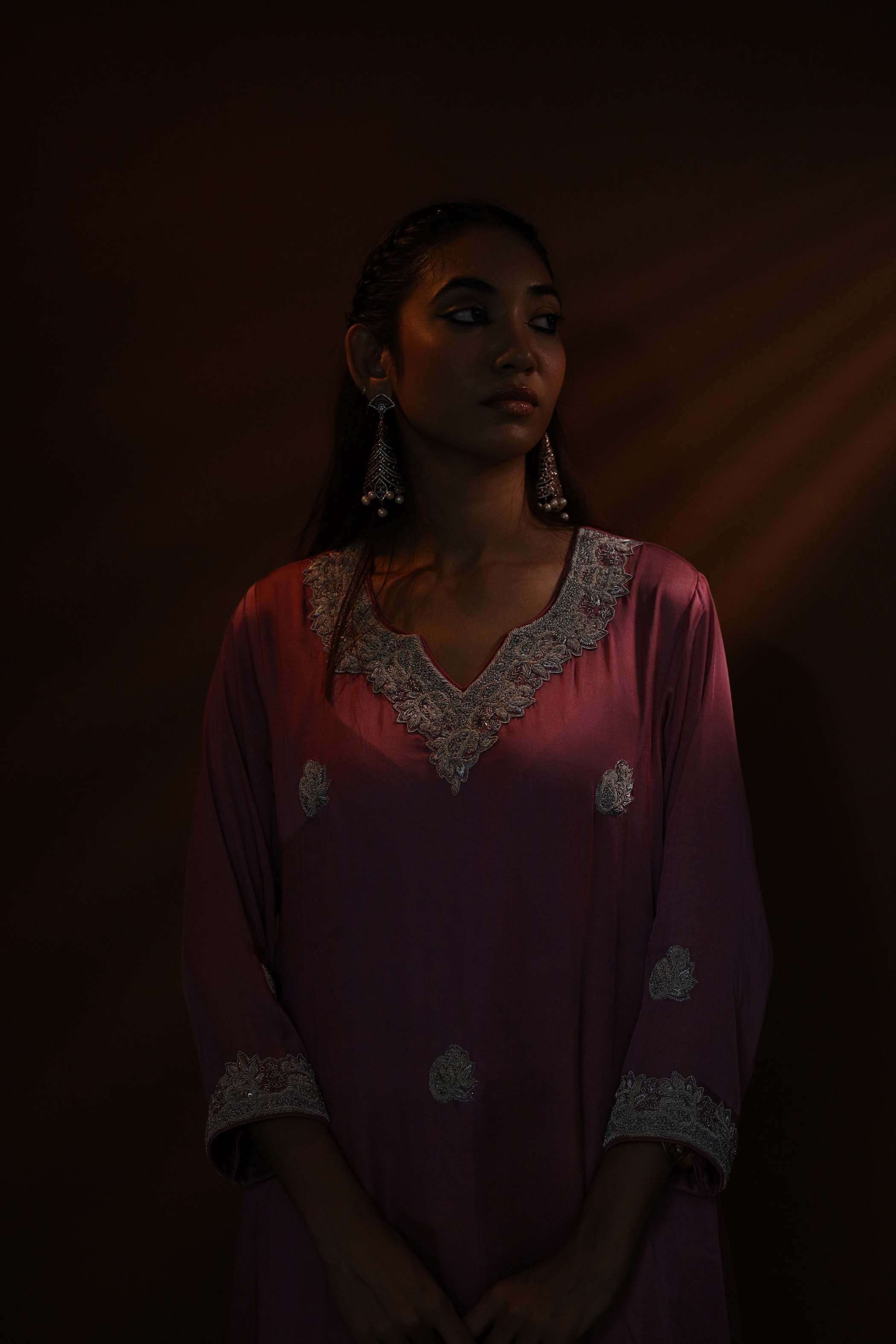 Deep Pink Kurti Set with Intricate Silver Embroidery & Floral Patterns