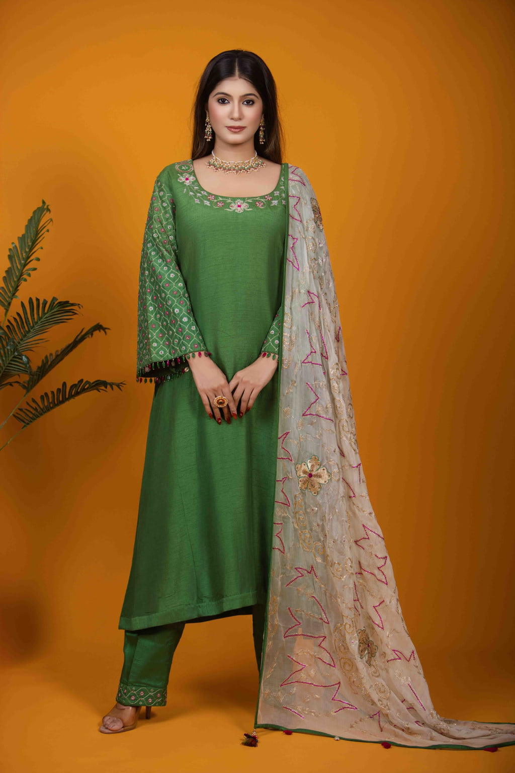 Green A-Line Kurta Set with Hand Embroidery & Floral Motifs