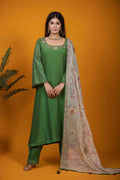 Green A-Line Kurta Set with Hand Embroidery & Floral Motifs