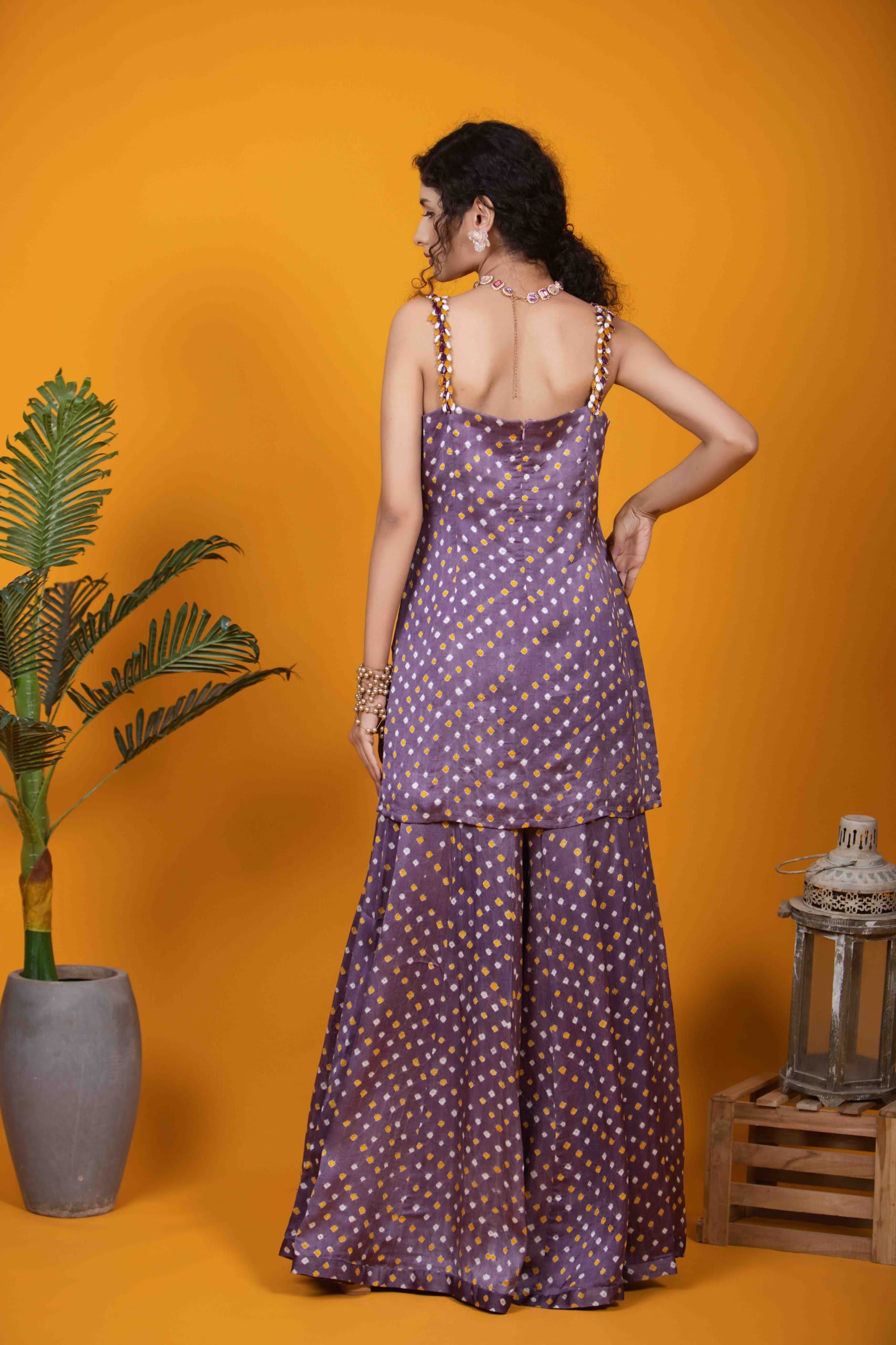 Purple Kurti Set with Bandhej Print and Beaded Tassels