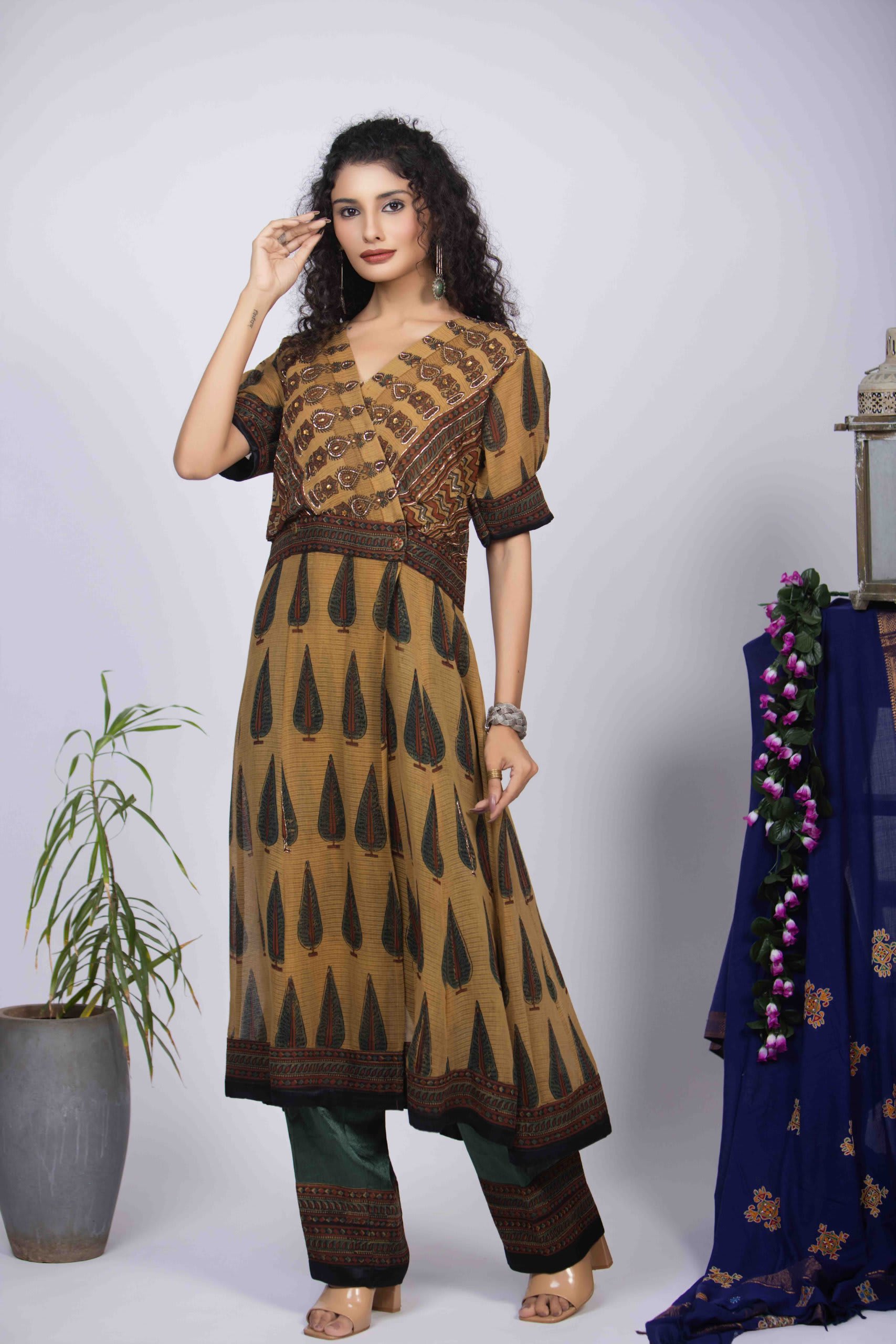 Mustard Yellow Angrakha Kurta Set with Ajrakh Print & Intricate Pita Work