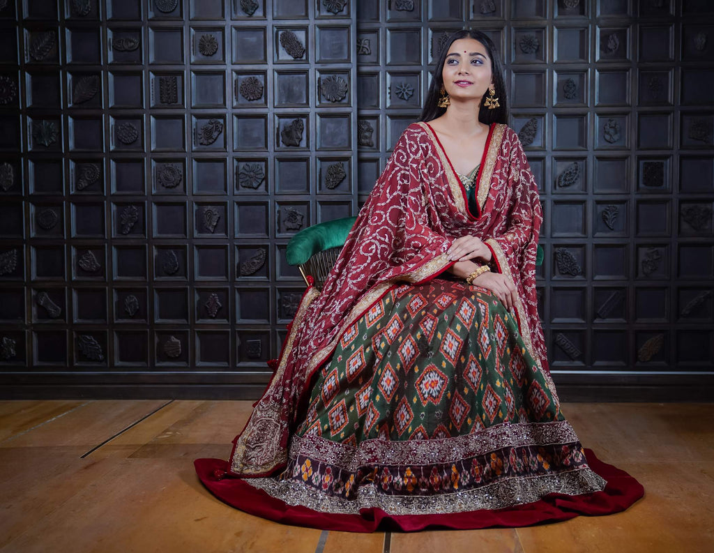 Deep Green Lehenga with Ajrak Patterns & Embroidered Dupatta