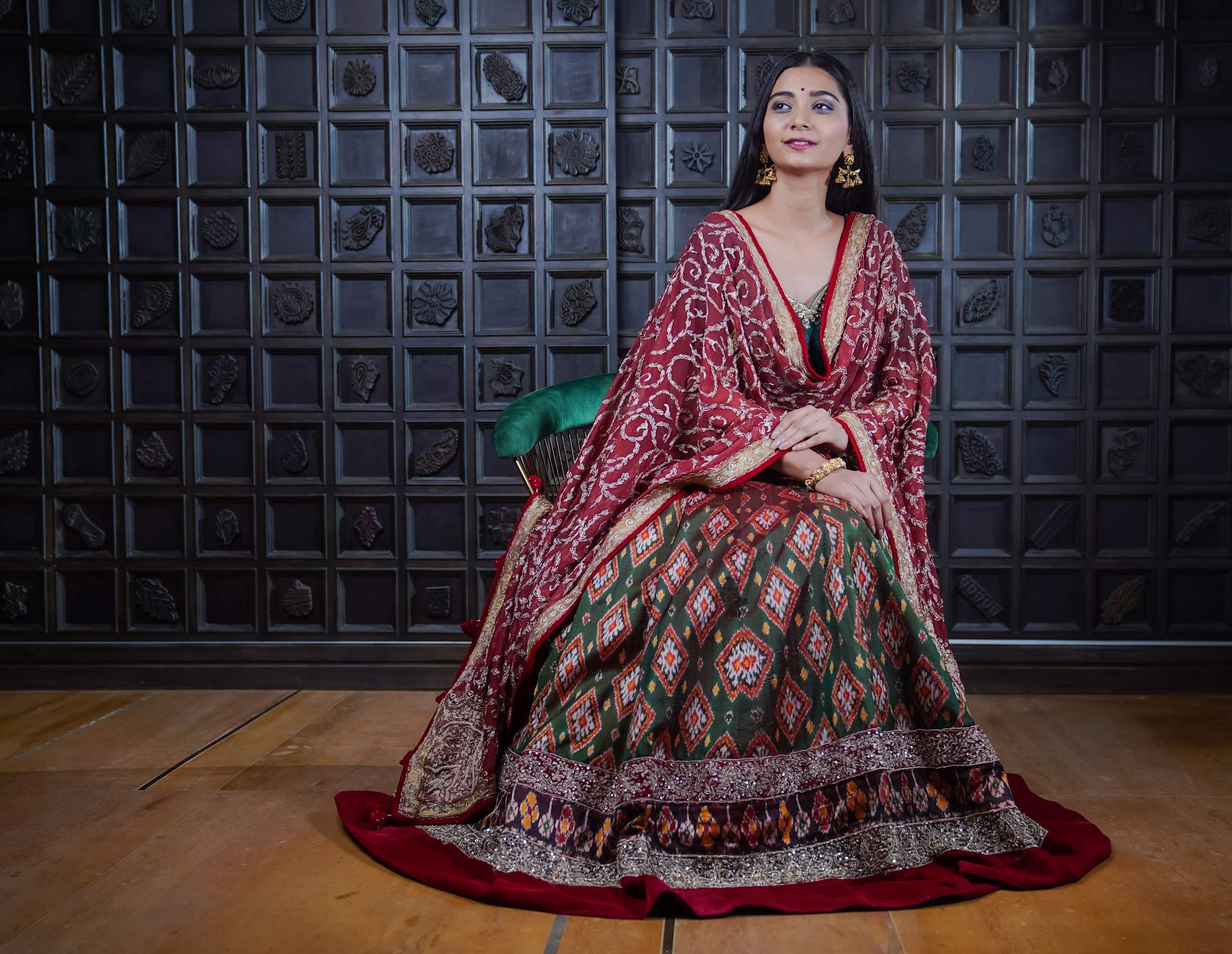 Deep Green Lehenga with Ajrak Patterns & Embroidered Dupatta