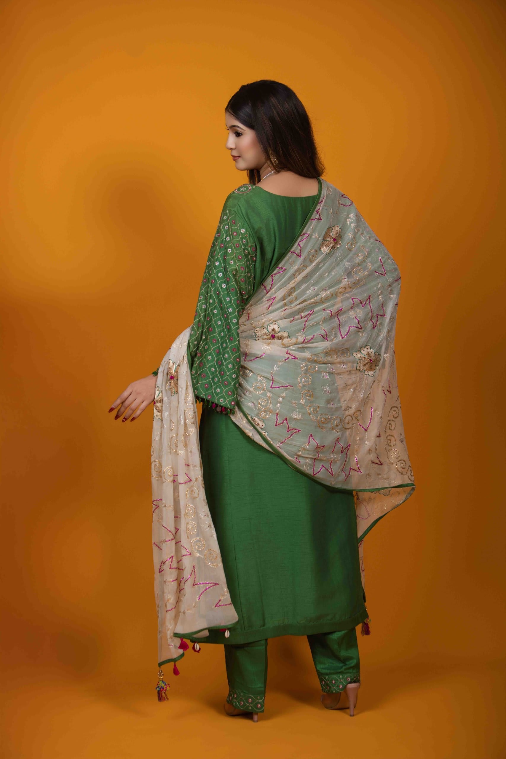 Green A-Line Kurta Set with Hand Embroidery & Floral Motifs