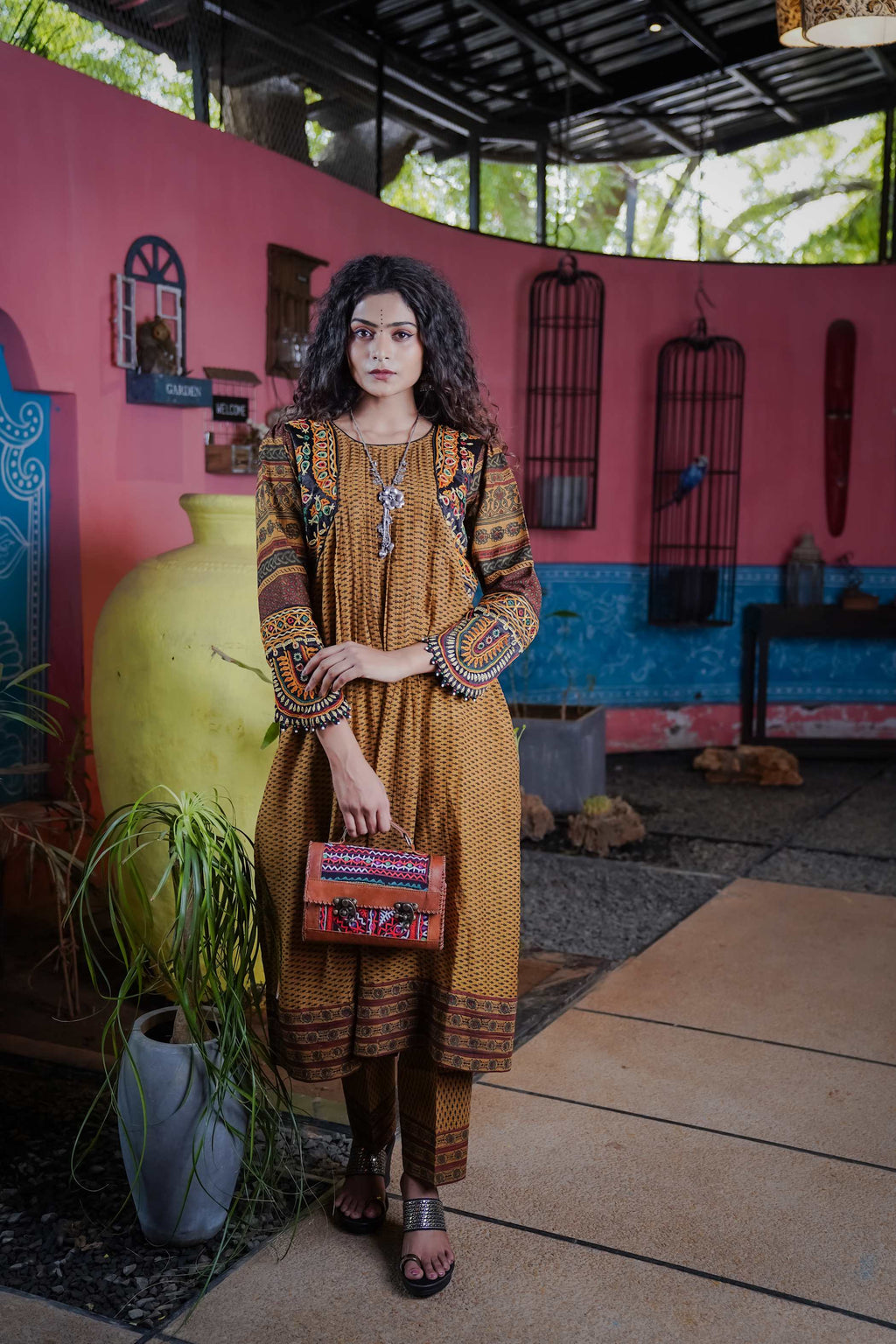 Mustard Kurti Set with Ajrak Patterns & Floral Embroidery