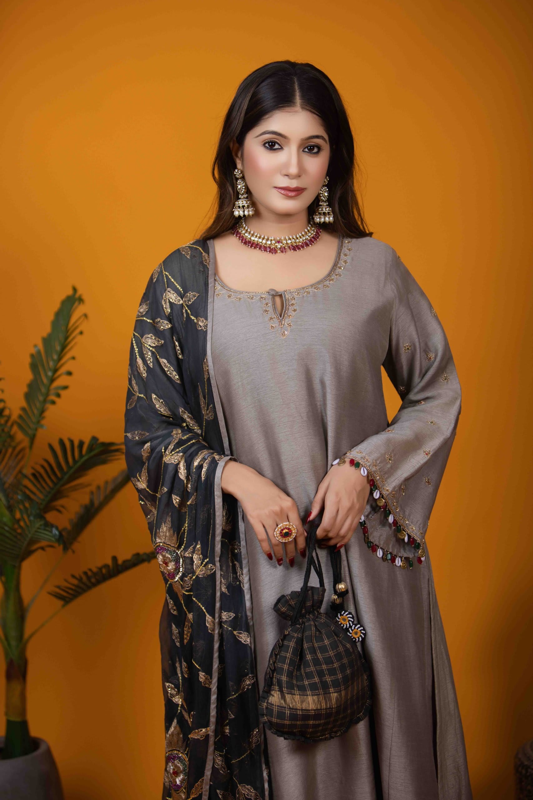 Grey Kurta Set with Hand Embroidery and Silk Pants