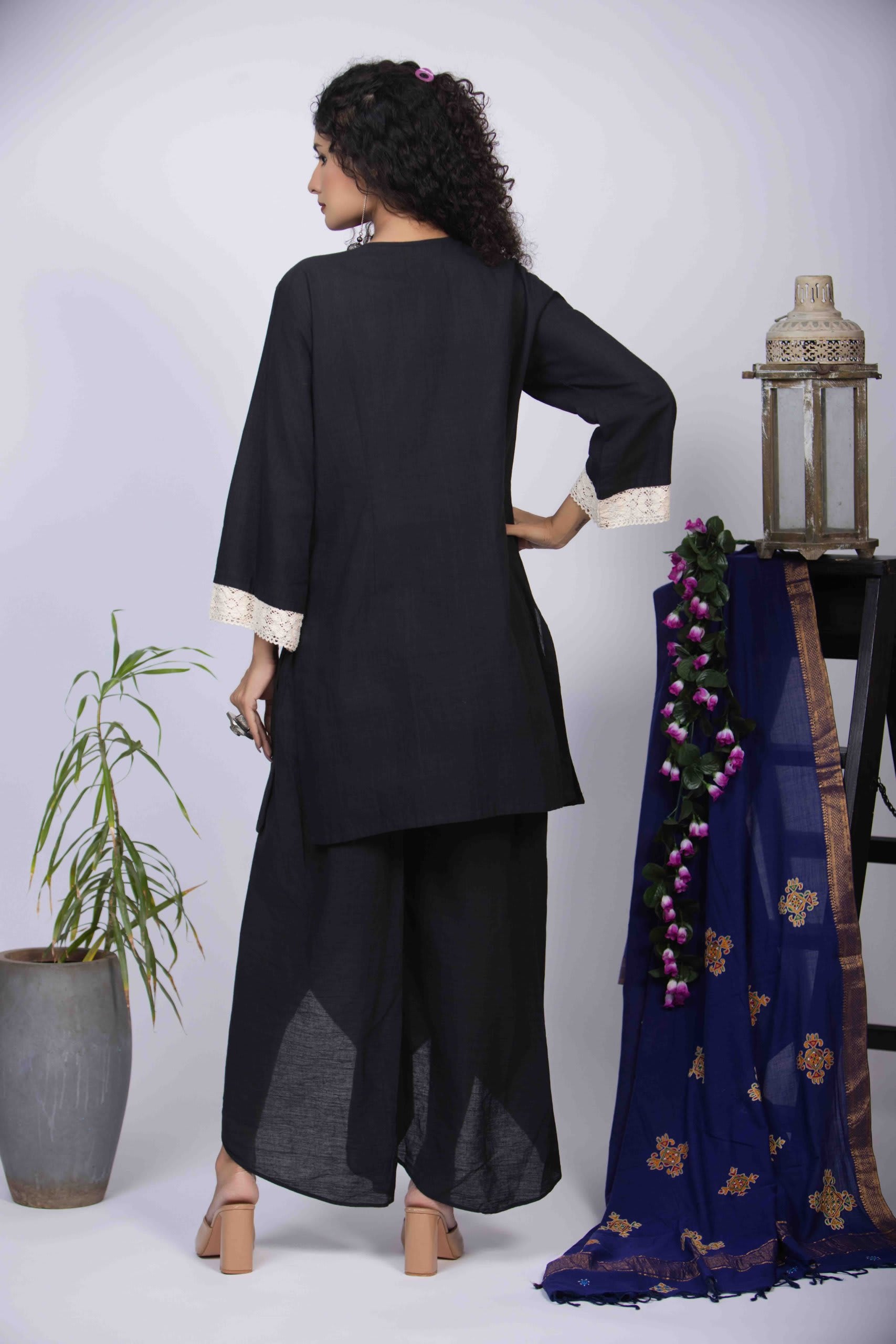 Black Short Kurta with Vibrant Kutchi Handwork and Drape Dhoti