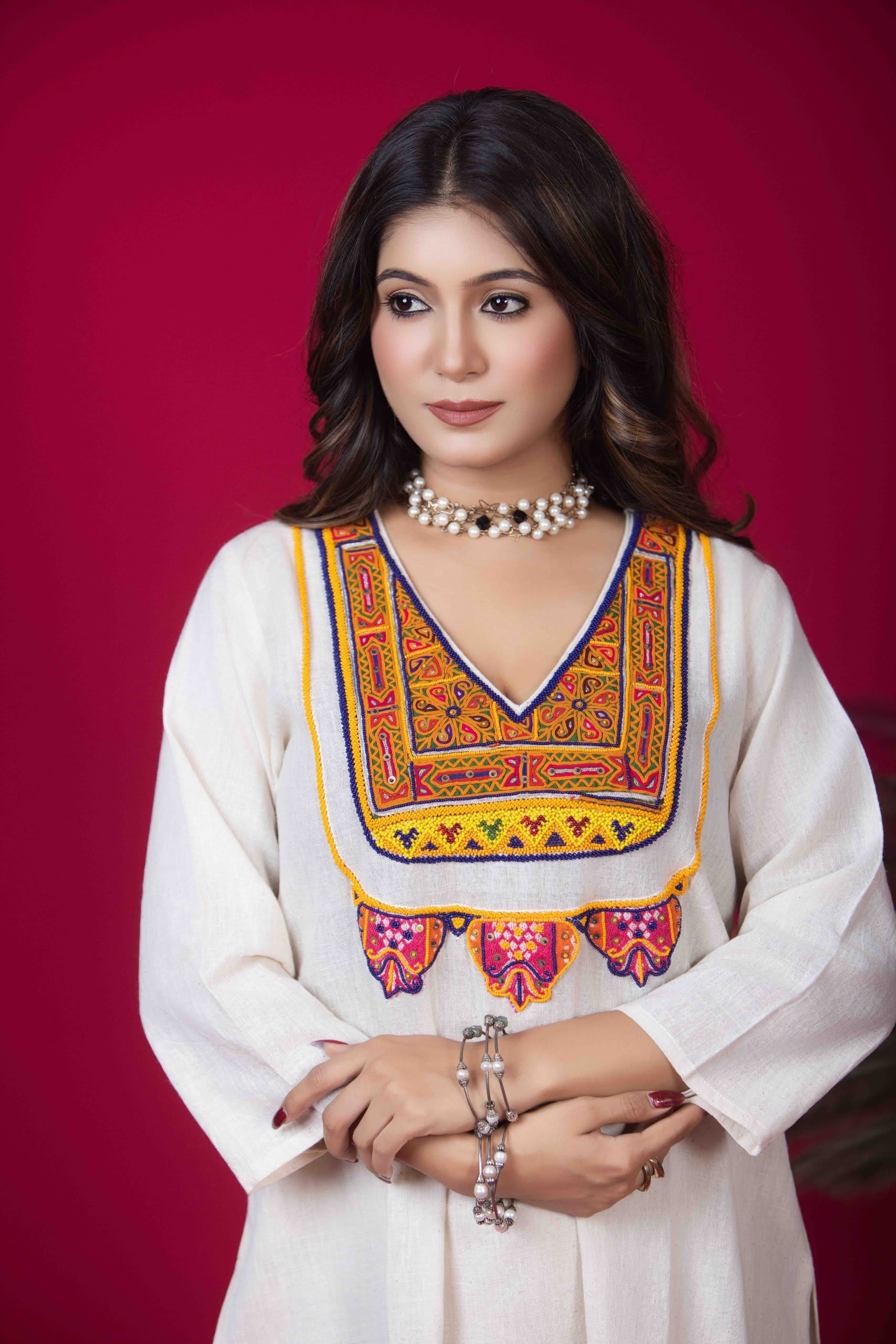 White Kurta Set with Vivid Kutchi Patchwork & Beadwork