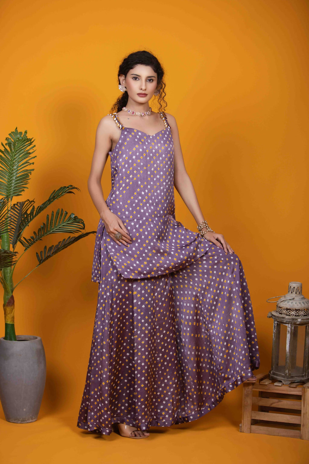 Purple Kurti Set with Bandhej Print and Beaded Tassels