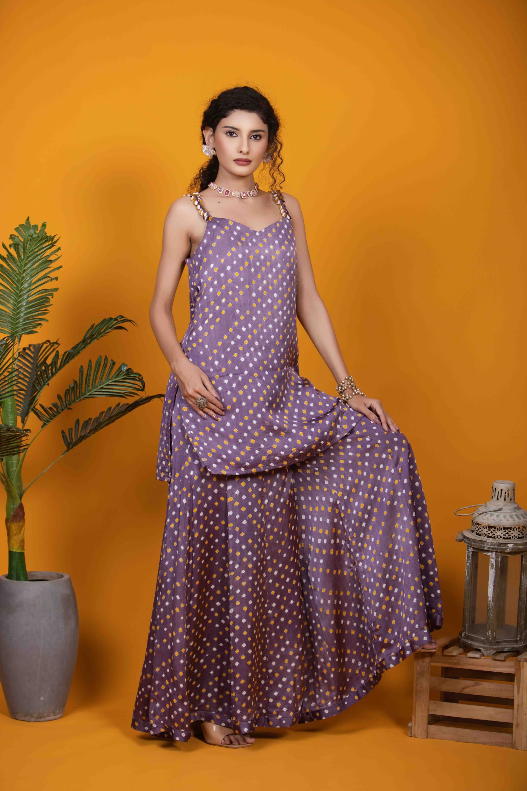 Purple Kurti Set with Bandhej Print and Beaded Tassels