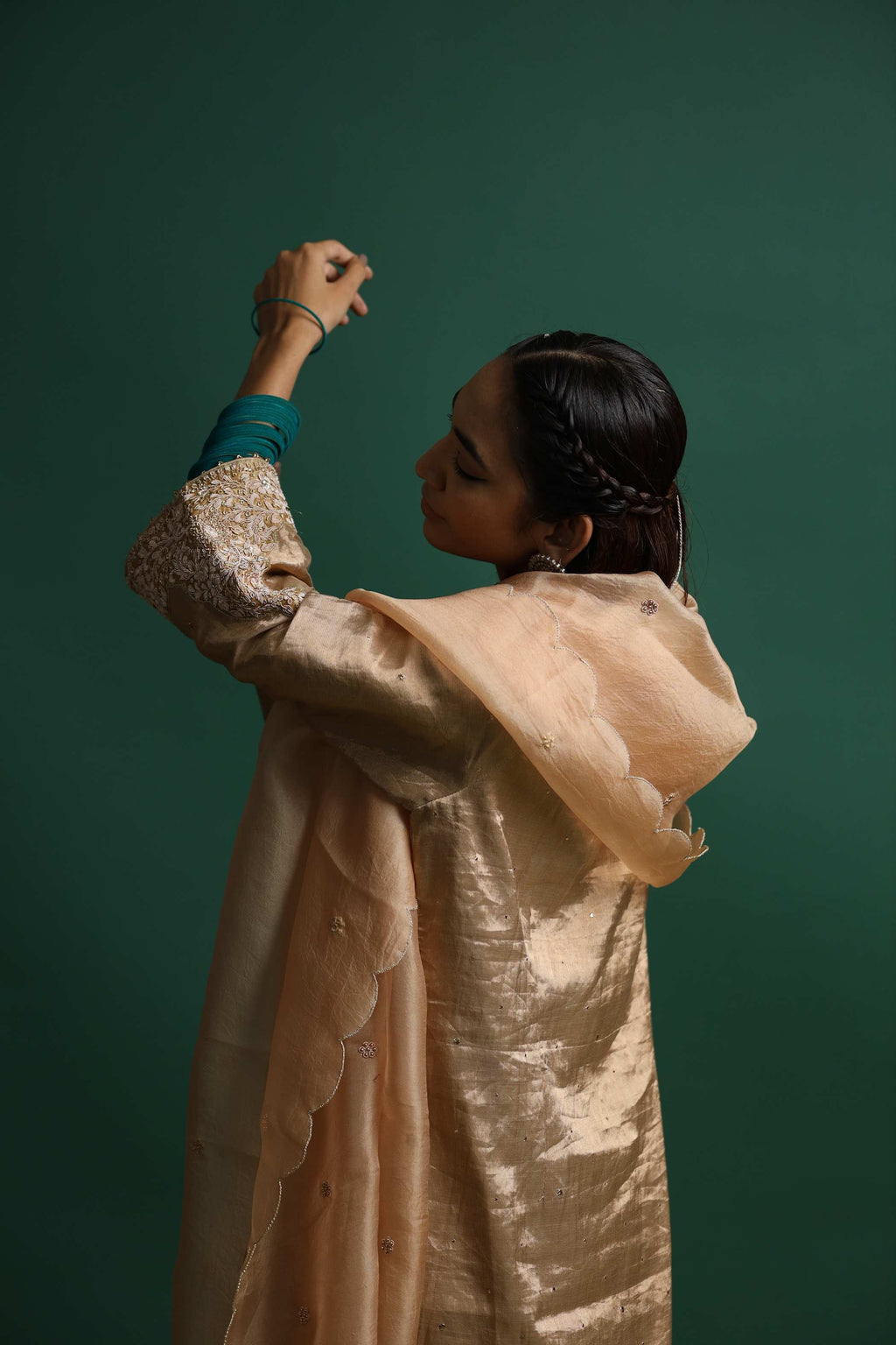 Metallic Kurti Set with Intricate Embroidery & Scalloped Dupatta