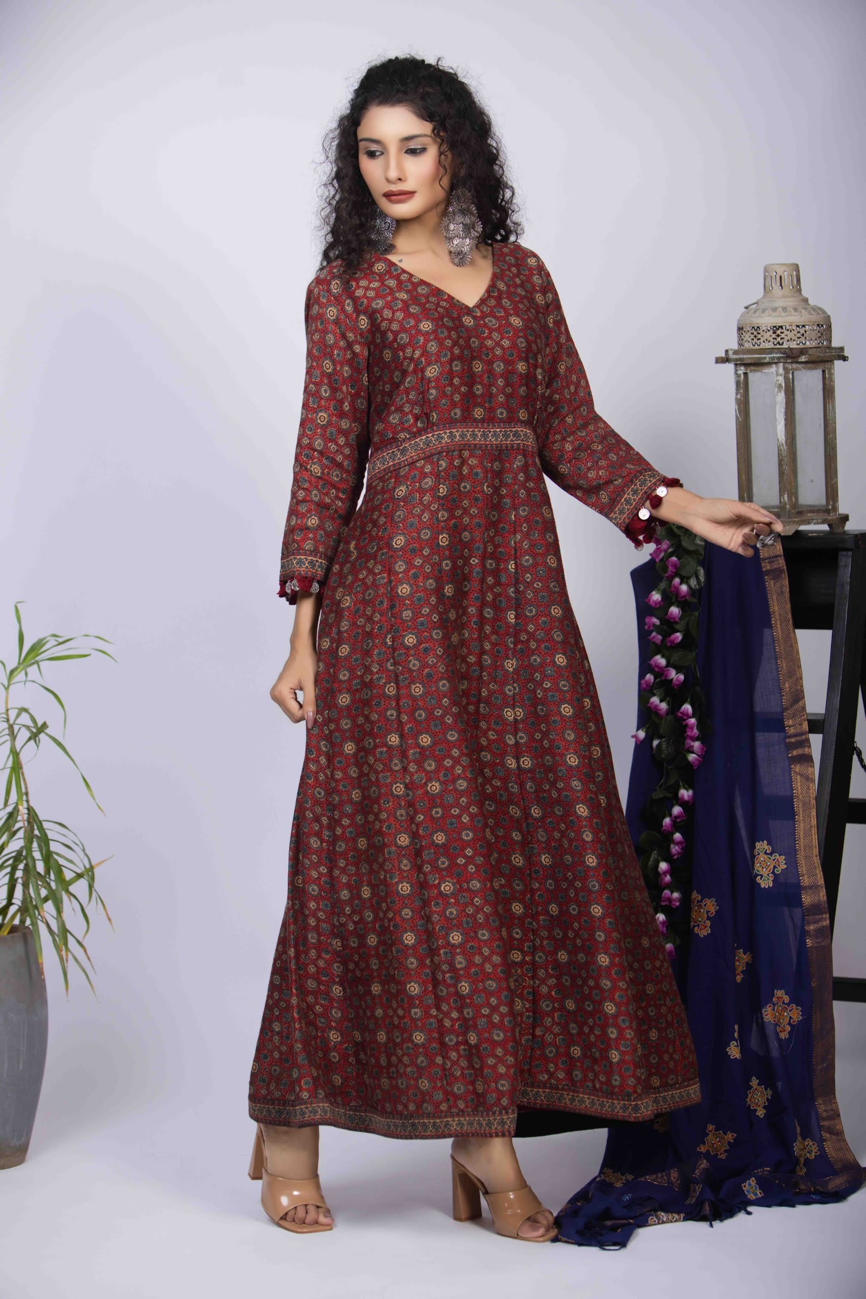 Maroon Jumpsuit with Ajrakh Block Print and Elegant V-Neckline