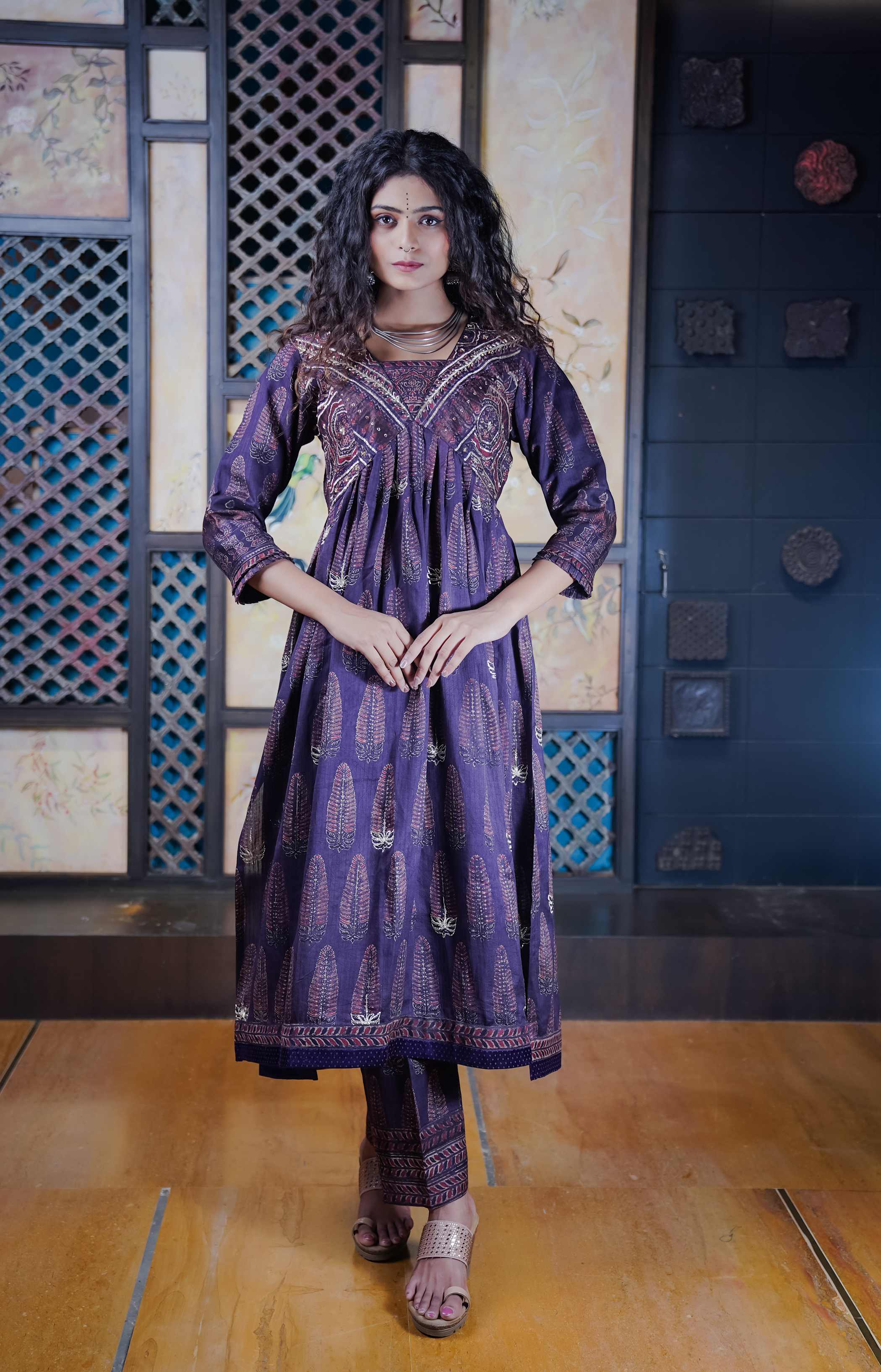 Indigo Ajrak Kurti Set with Intricate Motifs and Gold Detailing