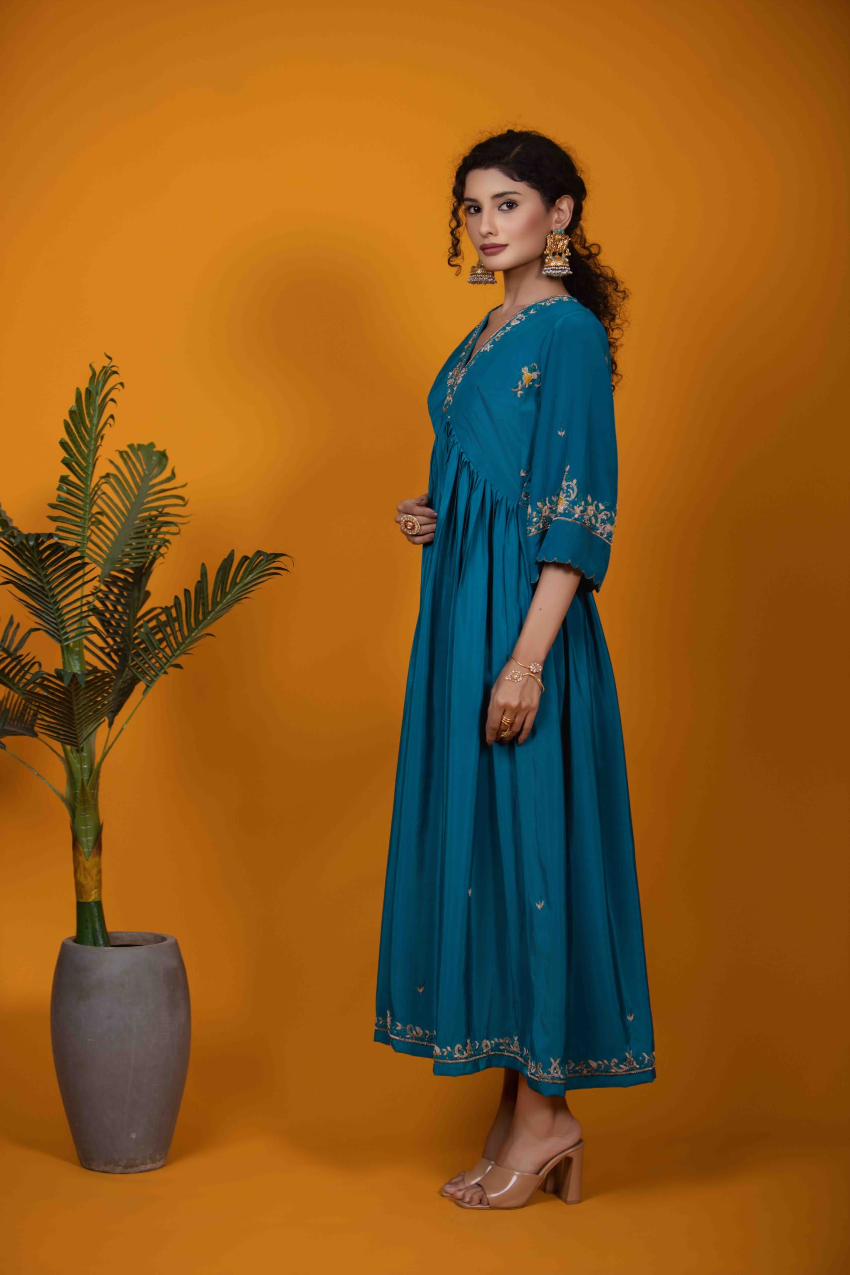 Rama Blue Kurti Set with Zardozi Embroidery & Bell Sleeves
