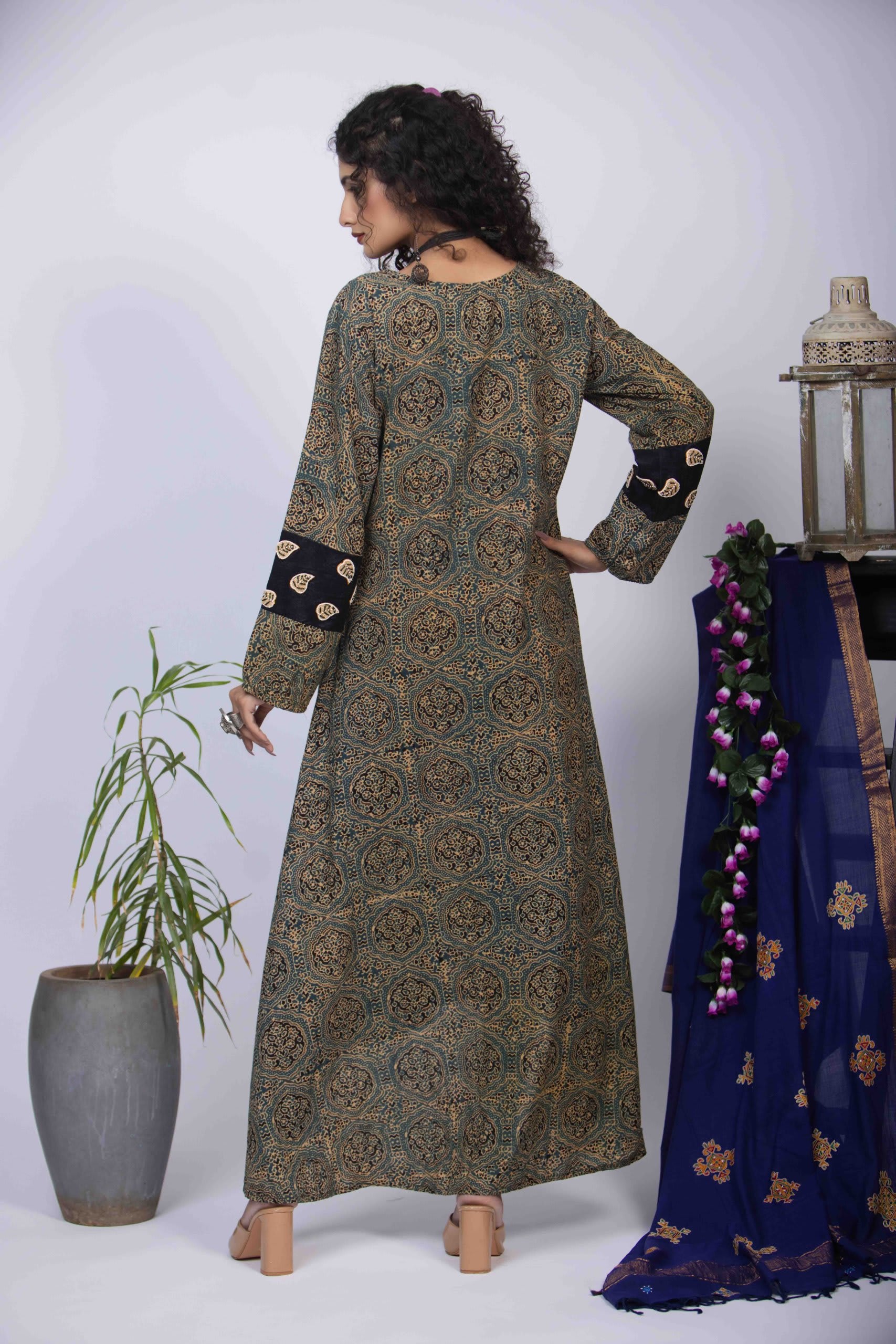 Dusty Green High-Low Dress with Ajrakh Block Print & Embroidered Sleeves