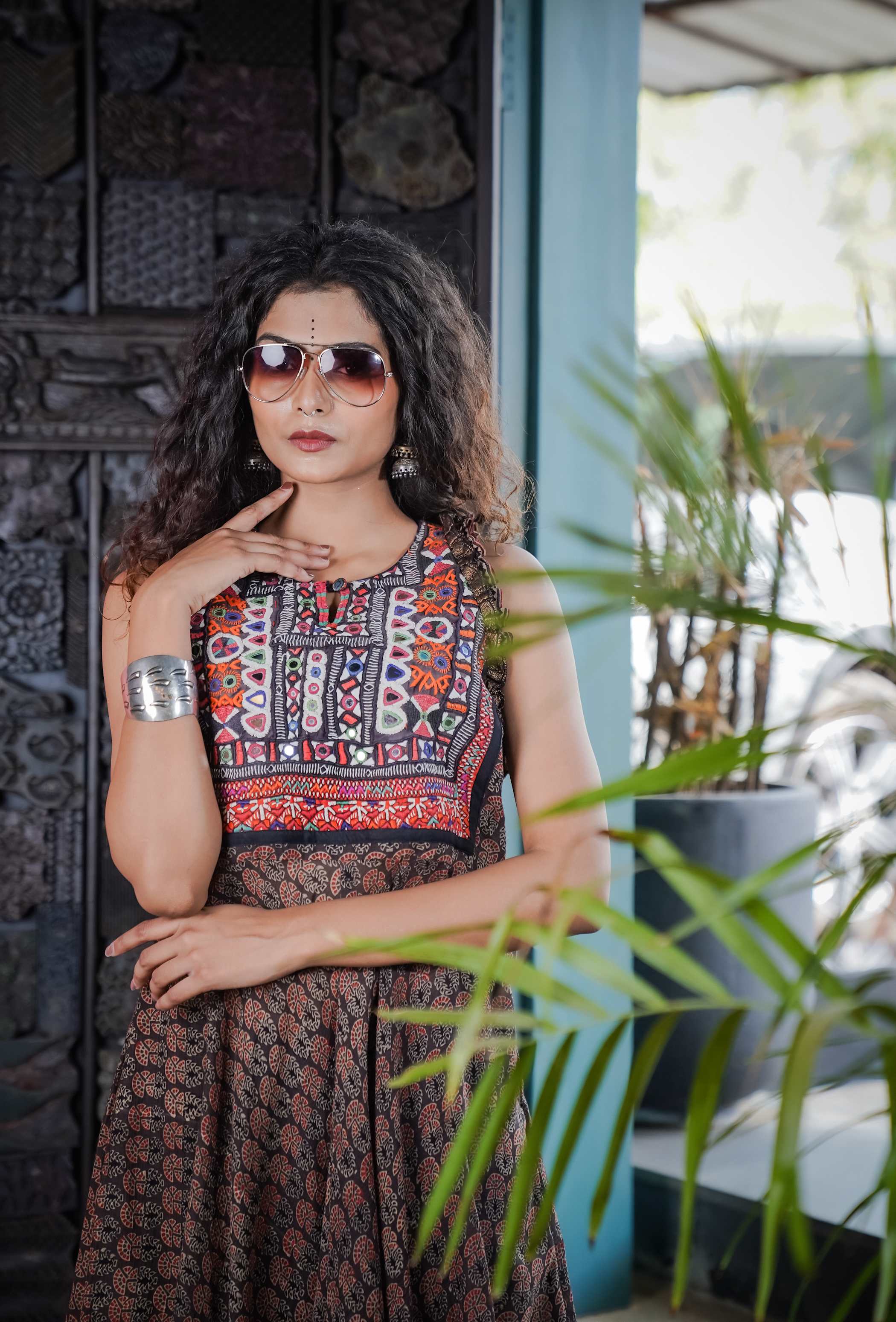 Ajrak Sleeveless Kurti Set with Asymmetrical Hemline in Earthy Tones