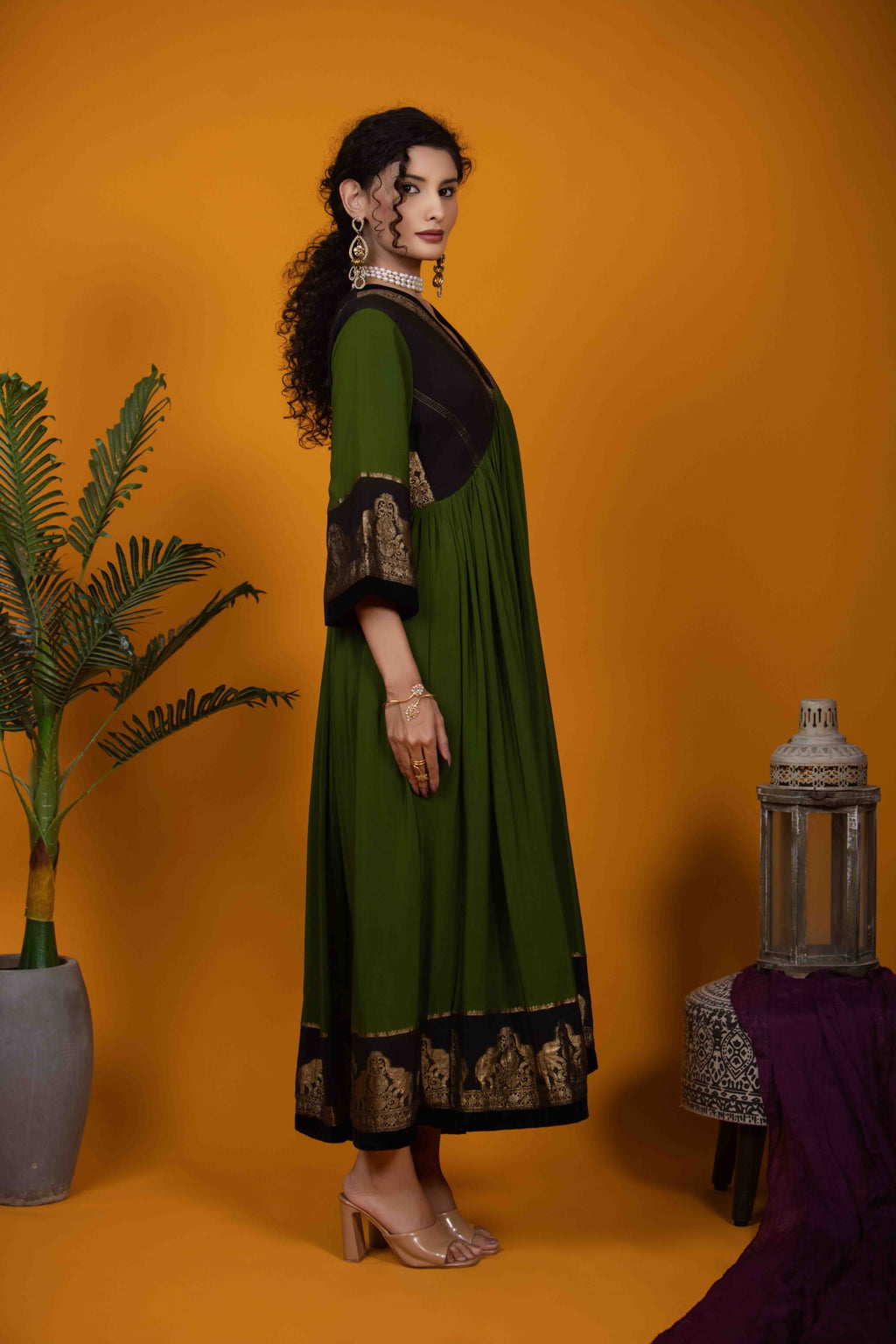 Mehendi Green Kurti with Banarasi Borders in Pure Silk