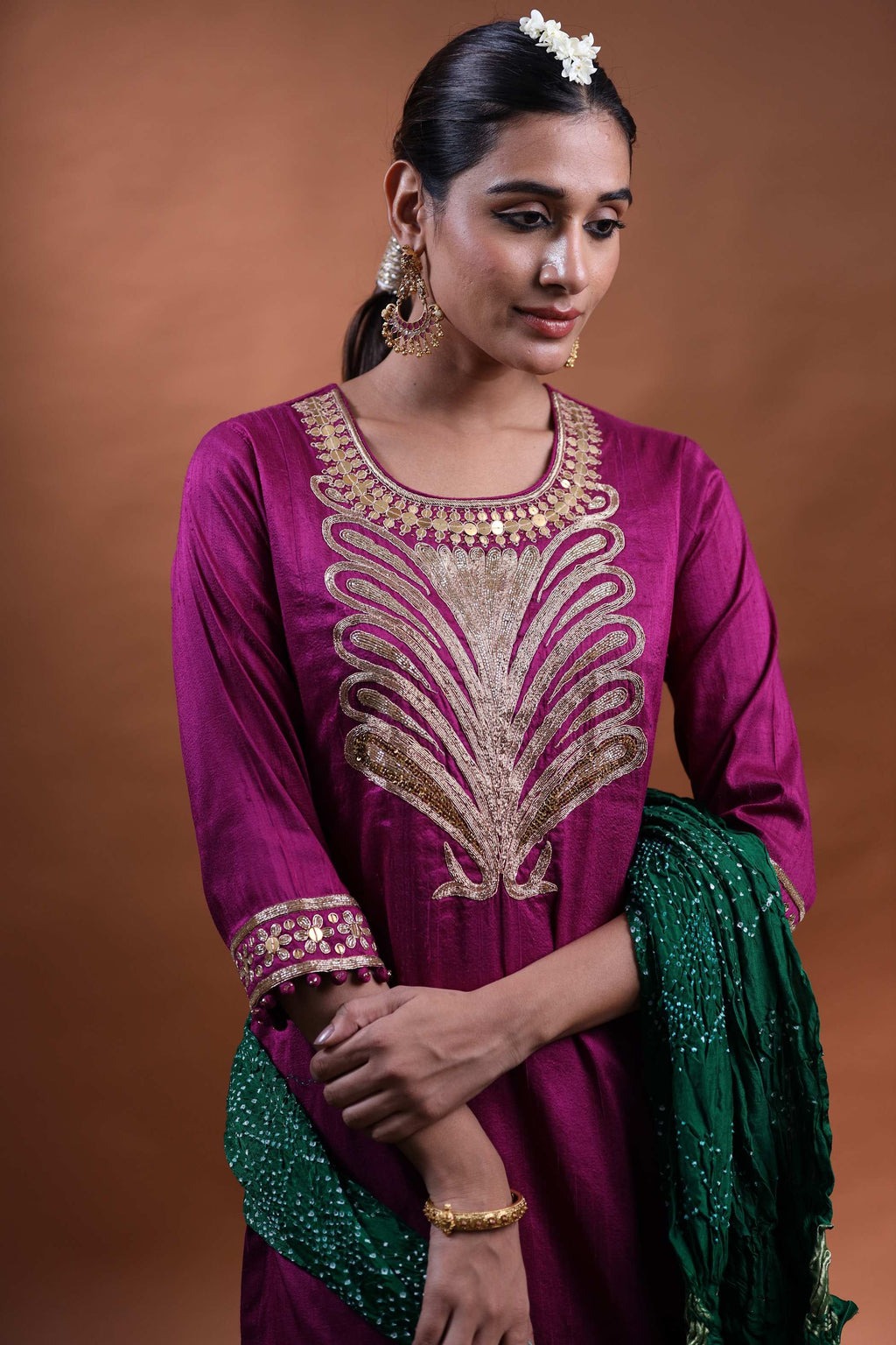 Magenta Kurti Set with Gold Embroidery & Floral Patterns