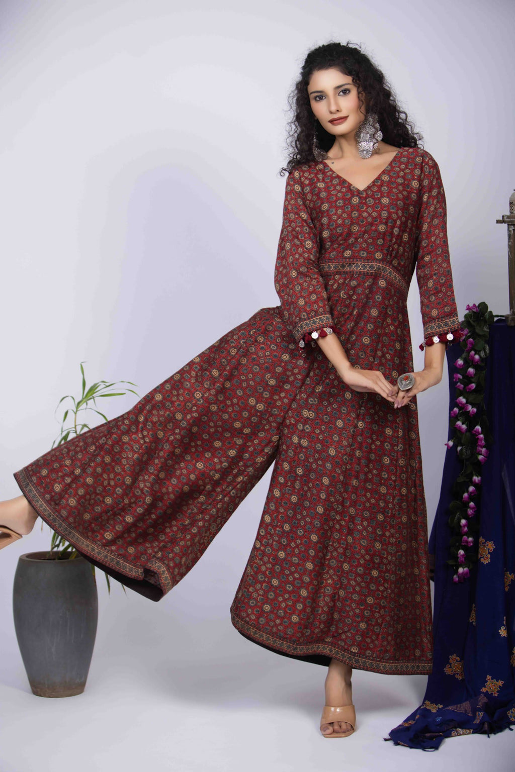 Maroon Jumpsuit with Ajrakh Block Print and Elegant V-Neckline