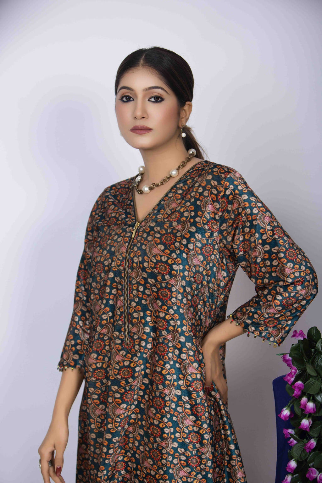Rama Blue Kurti Set with Intricate Floral and Paisley Print