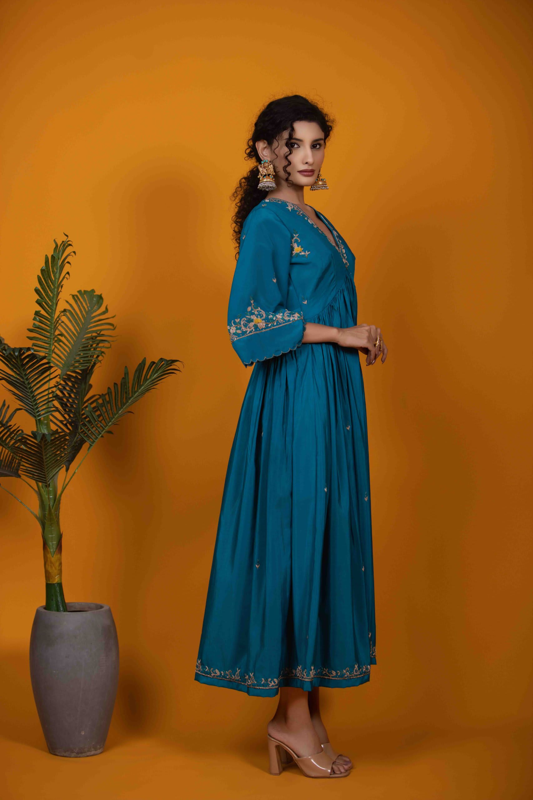 Rama Blue Kurti Set with Zardozi Embroidery & Bell Sleeves