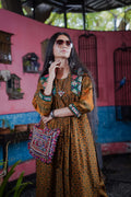Rust Ajrak Kurti Set with Embroidered Floral Yoke and Flowing Fit