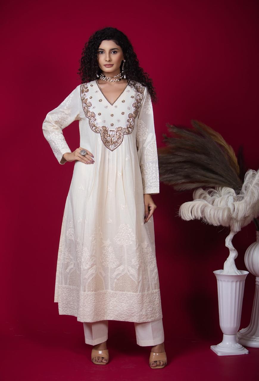 White Kurta Set with Lucknowi Embroidery & Soft Mul Cotton