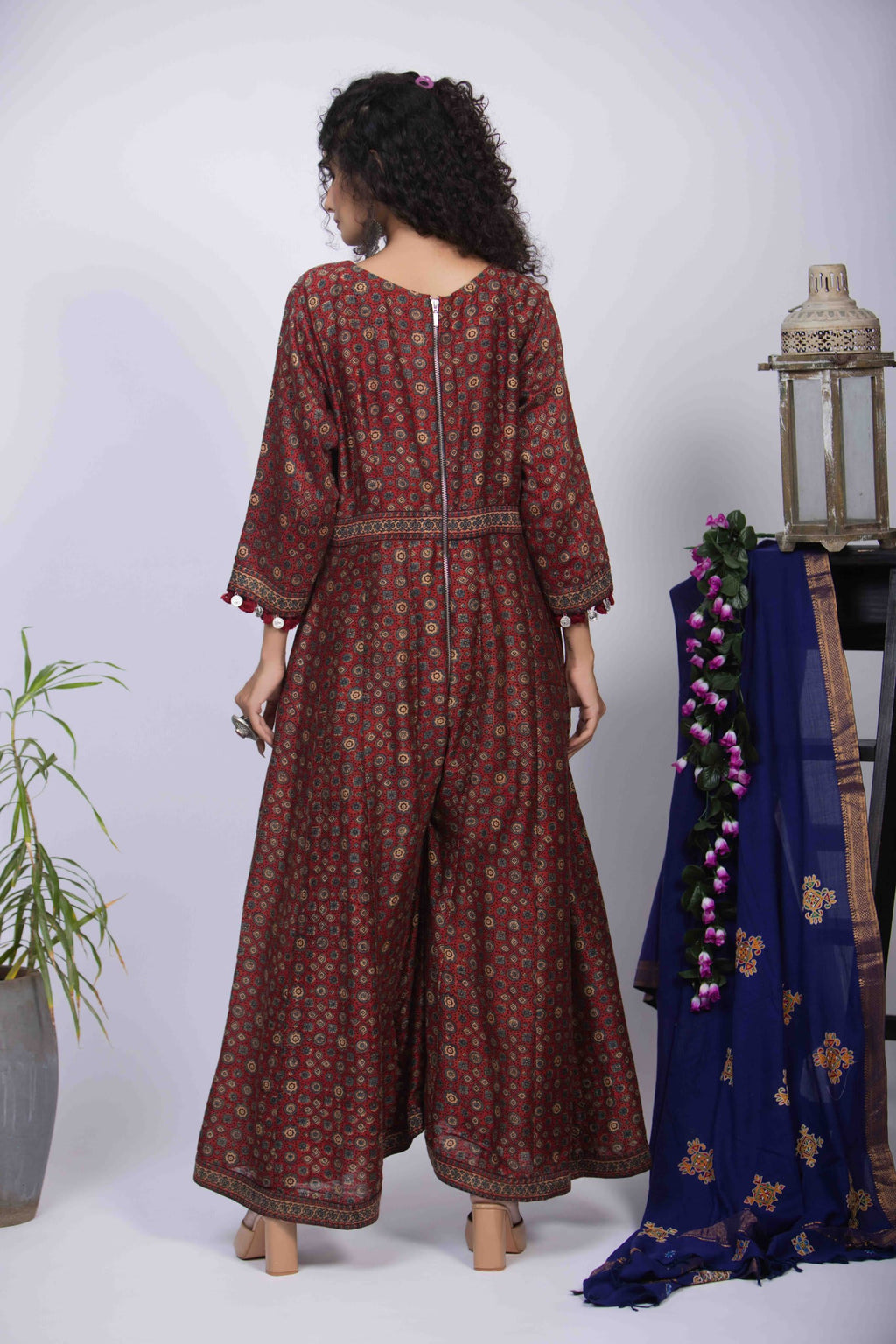 Maroon Jumpsuit with Ajrakh Block Print and Elegant V-Neckline