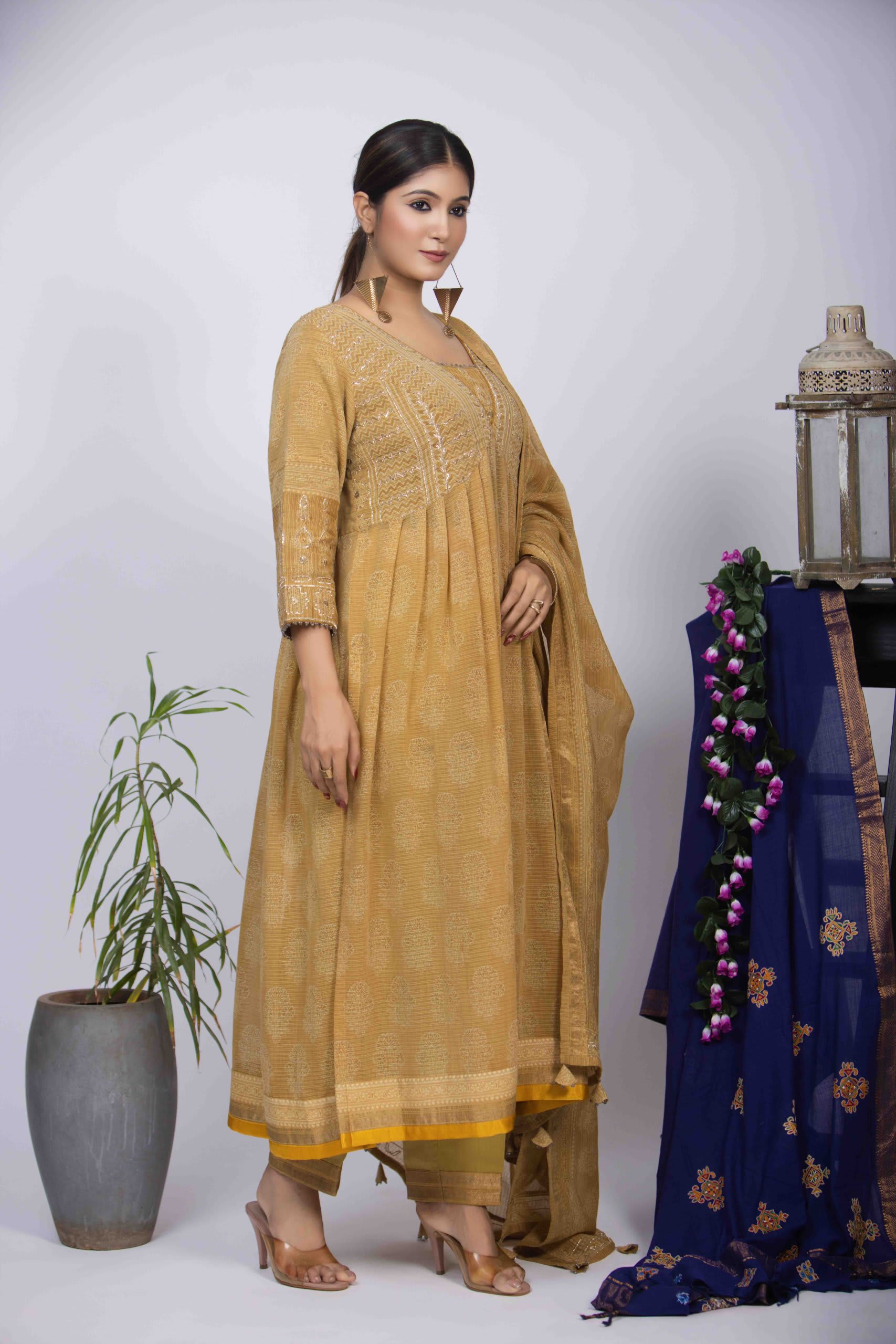 Yellow Ajrakh Block Print Kurta Set with Pita Work & Dupatta