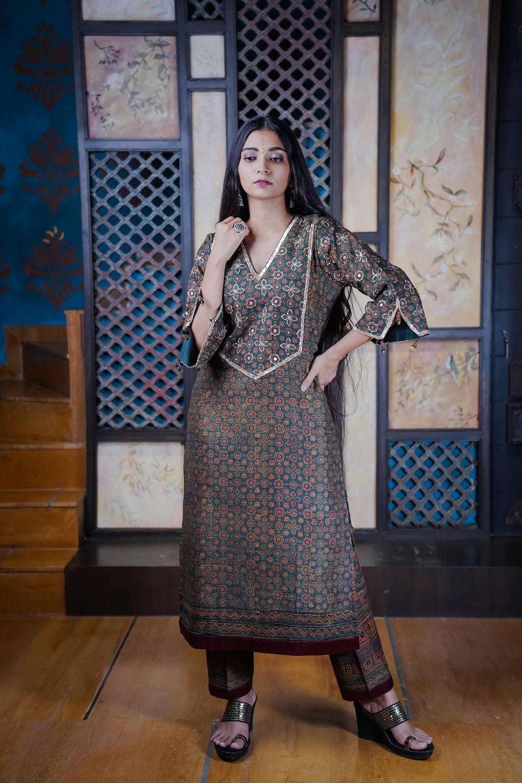 Ajrak Kurti Set with Intricate Print and V-Neckline Elegance