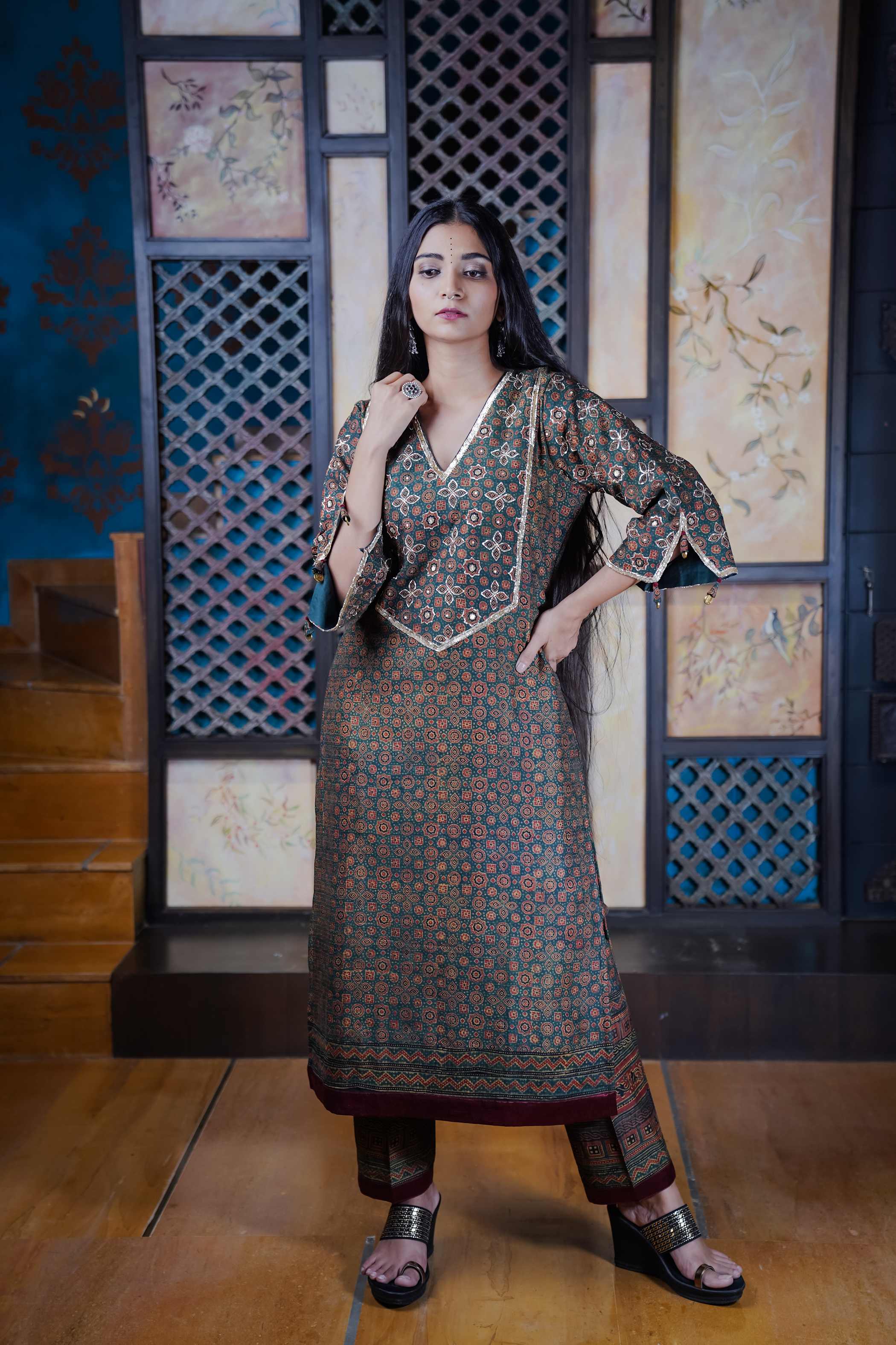 Ajrak Kurti Set with Intricate Print and V-Neckline Elegance
