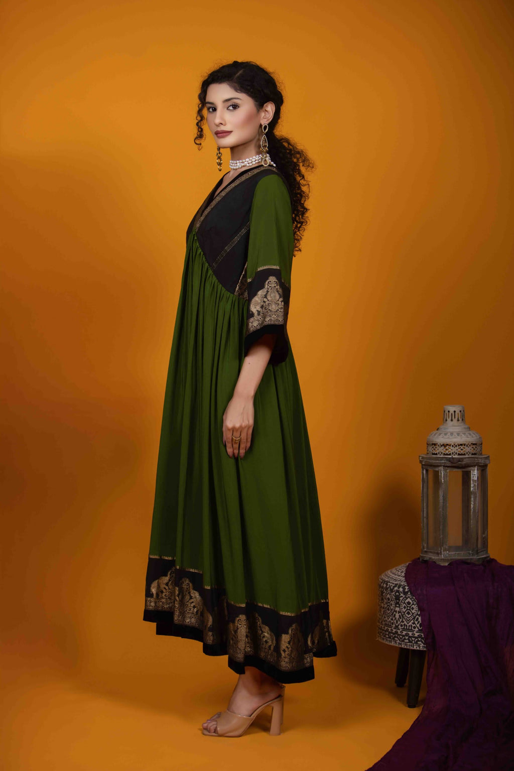 Mehendi Green Kurti with Banarasi Borders in Pure Silk