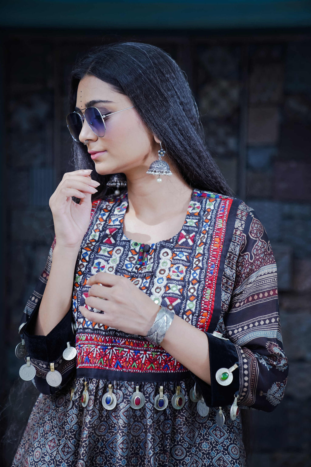 Ajrak Blue Kurti Set with Embroidered Yoke & Motifs