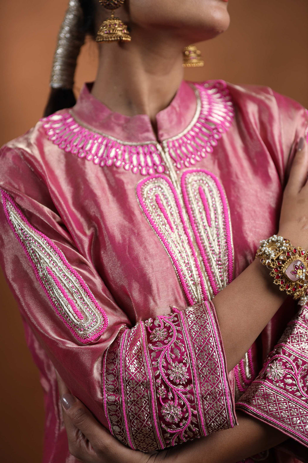 Magenta Pink Kurti Set with Zari Embroidery & Scalloped Churidar