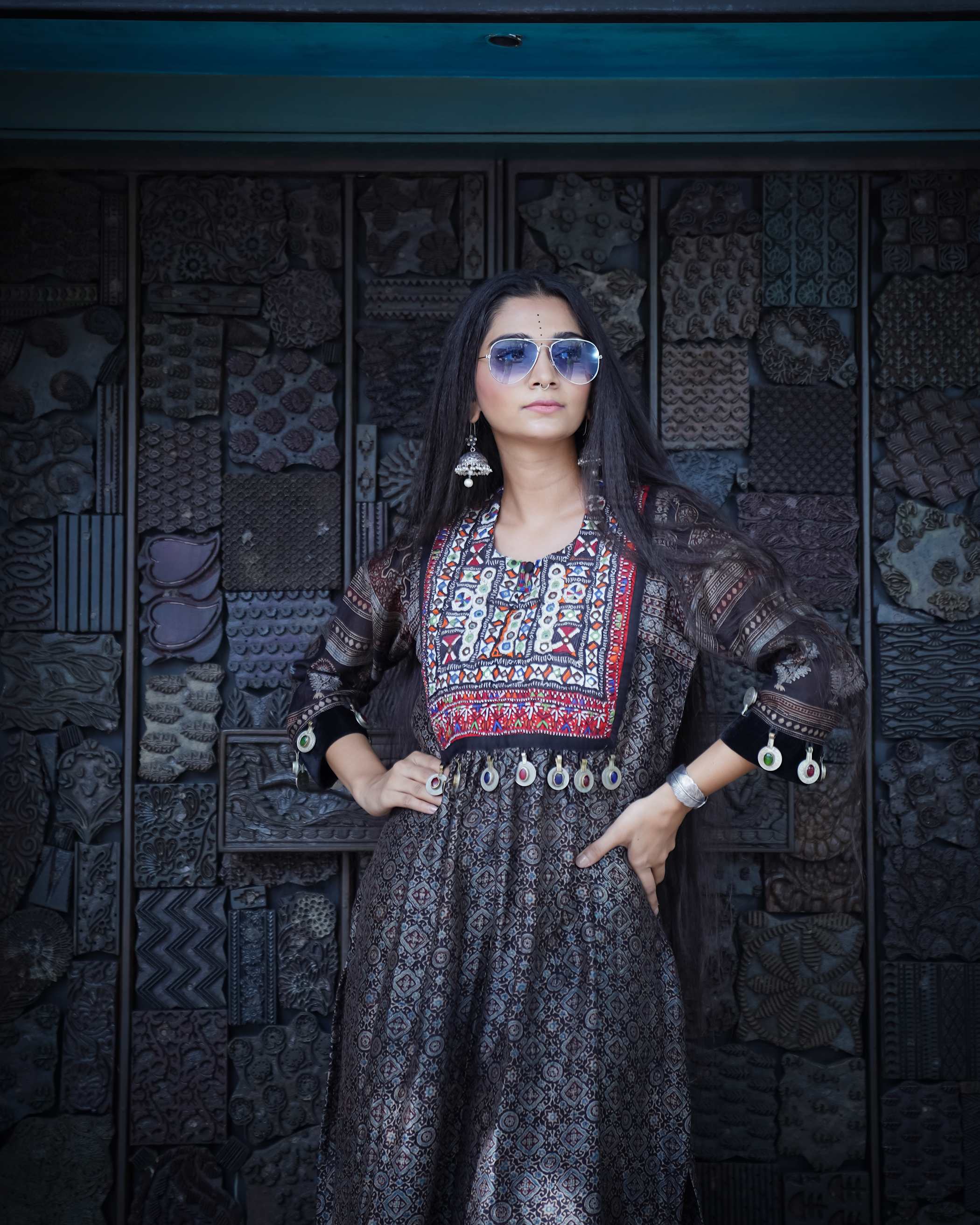 Ajrak Blue Kurti Set with Embroidered Yoke & Motifs