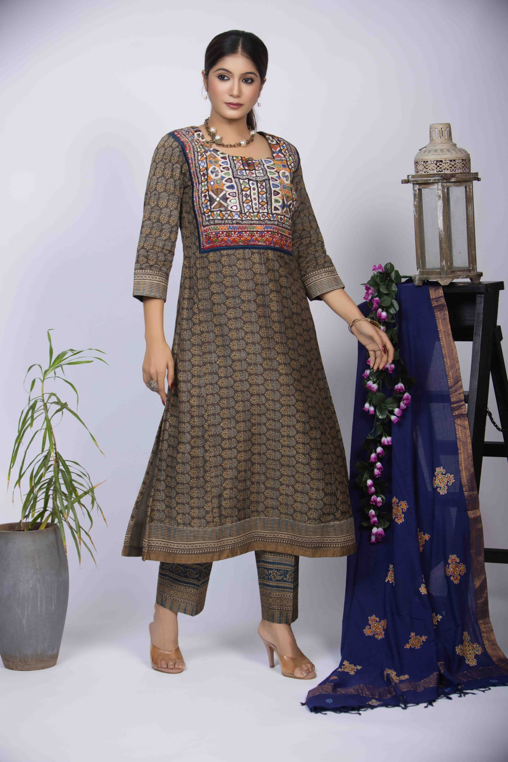 Dusty Green Kurta Set with Ajrakh Block Print & Embroidered Yoke