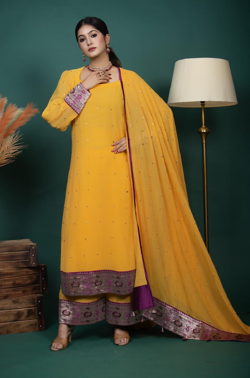Yellow Kurti Set with Mukaish Work & Balloon Sleeves