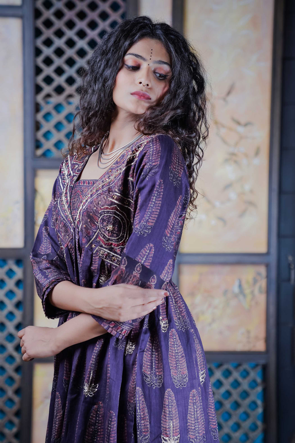 Indigo Ajrak Kurti Set with Intricate Motifs and Gold Detailing