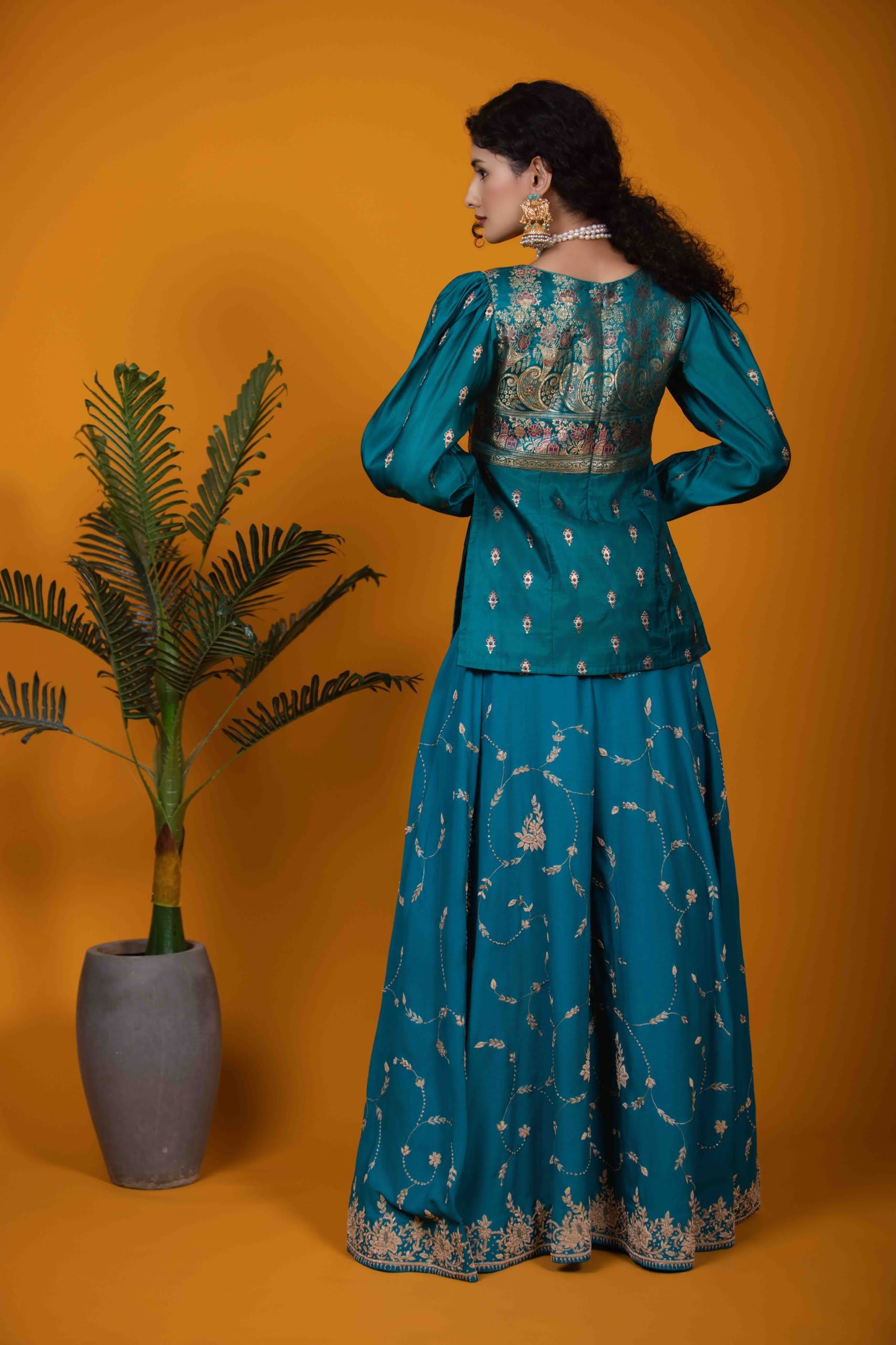 Rama Green Peplum Top & Flare Palazzo Set - Luxurious Silk & Embroidery